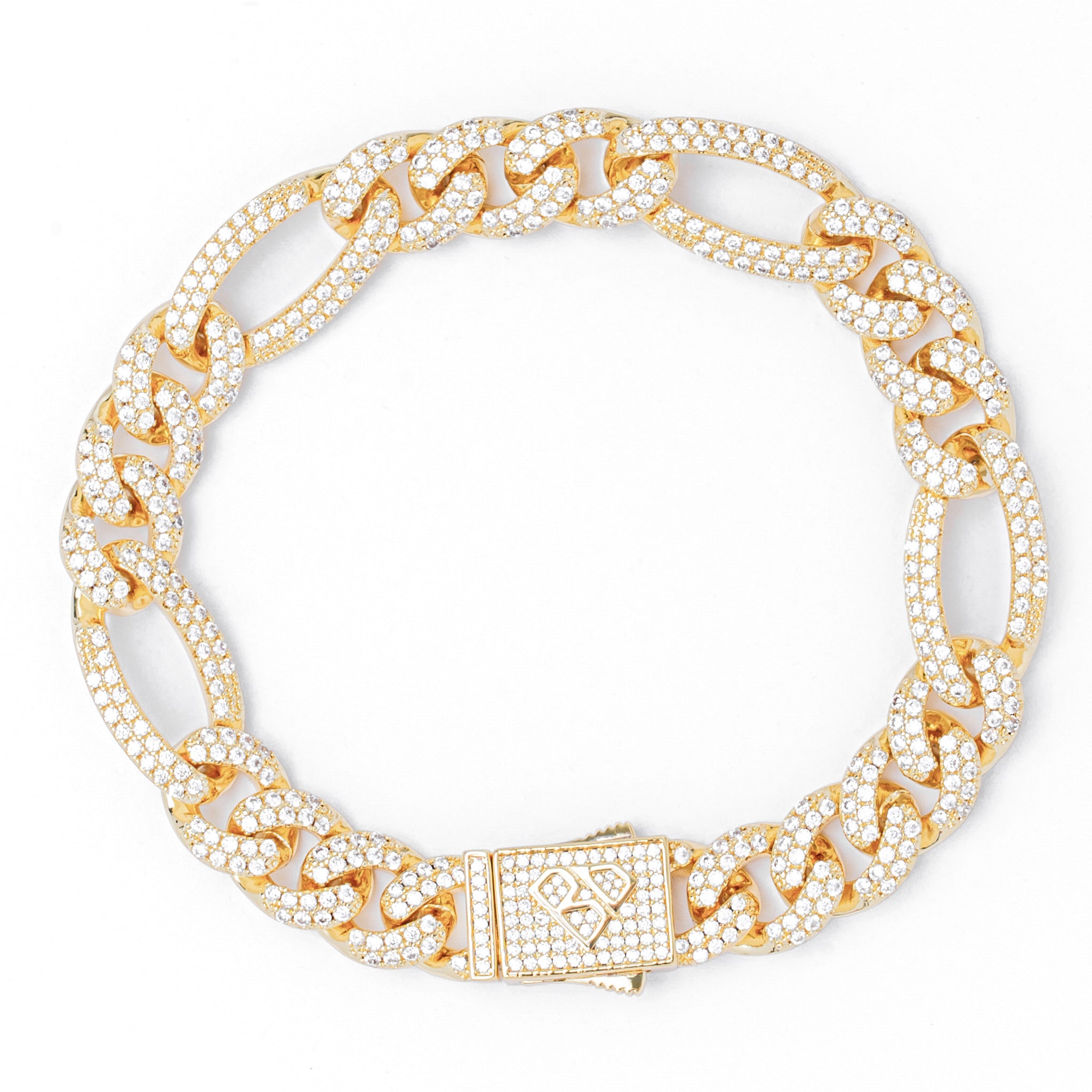 Big Daddy 12MM iced Figaro gold bracelet with cubic zirconia studded flat lay
