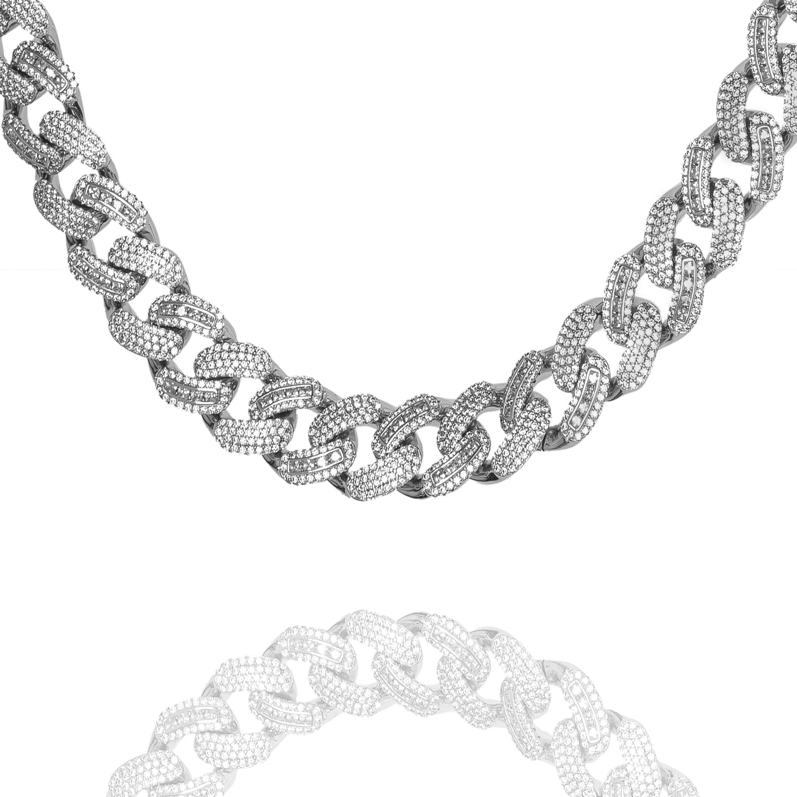 Big Daddy 12MM iced out Cuban silver chain with baguette and rhombus settings, full chain view