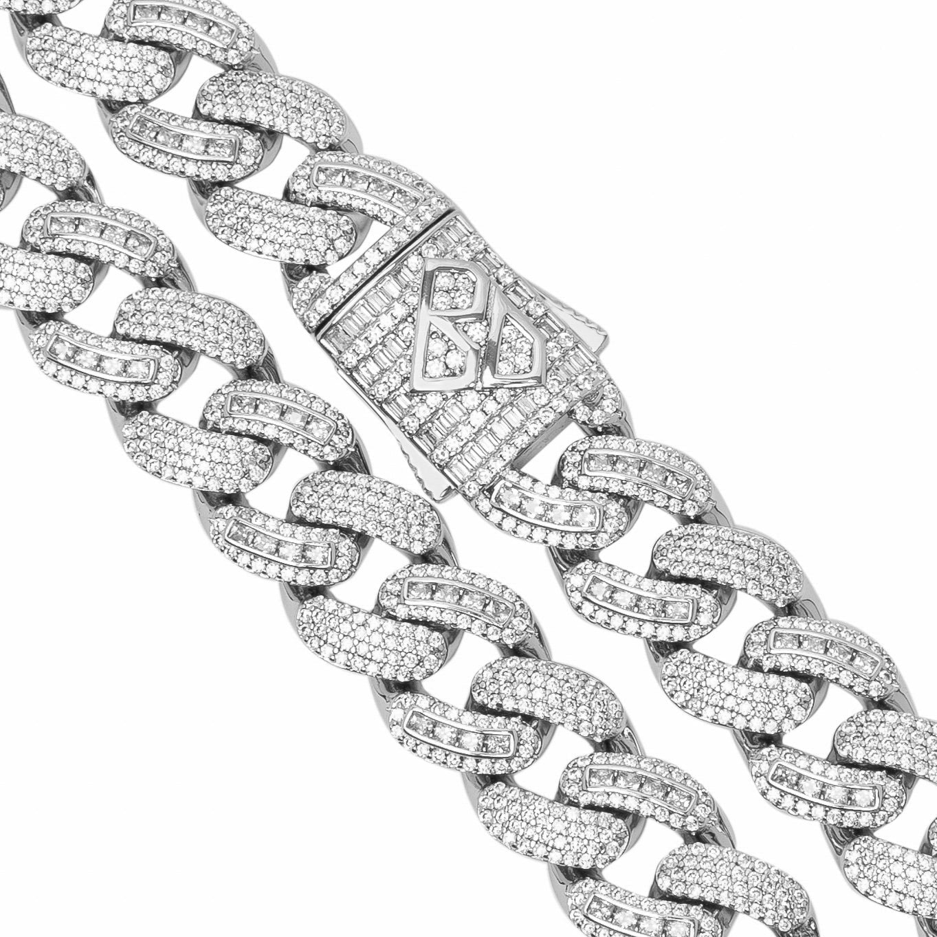 Close-up detail of Big Daddy chain clasp and baguette diamond settings on Cuban links