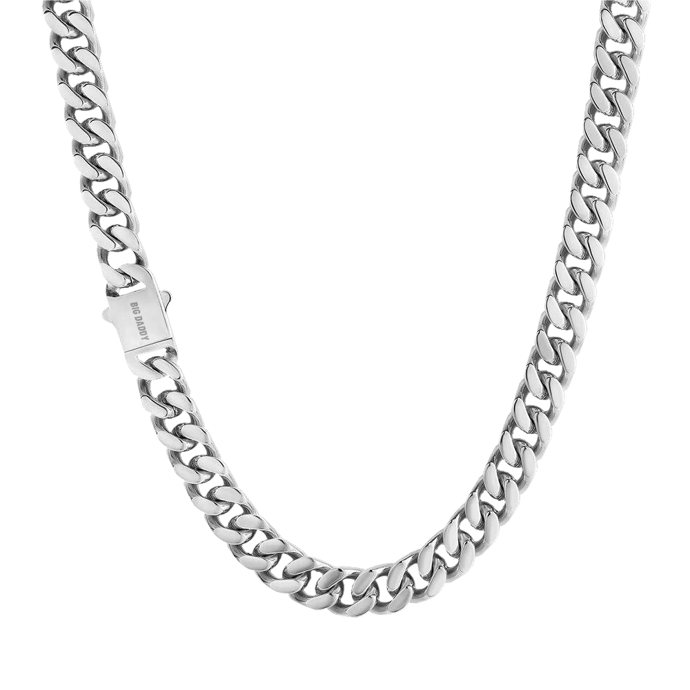 12mm silver Cuban chain with interlocking links and box clasp