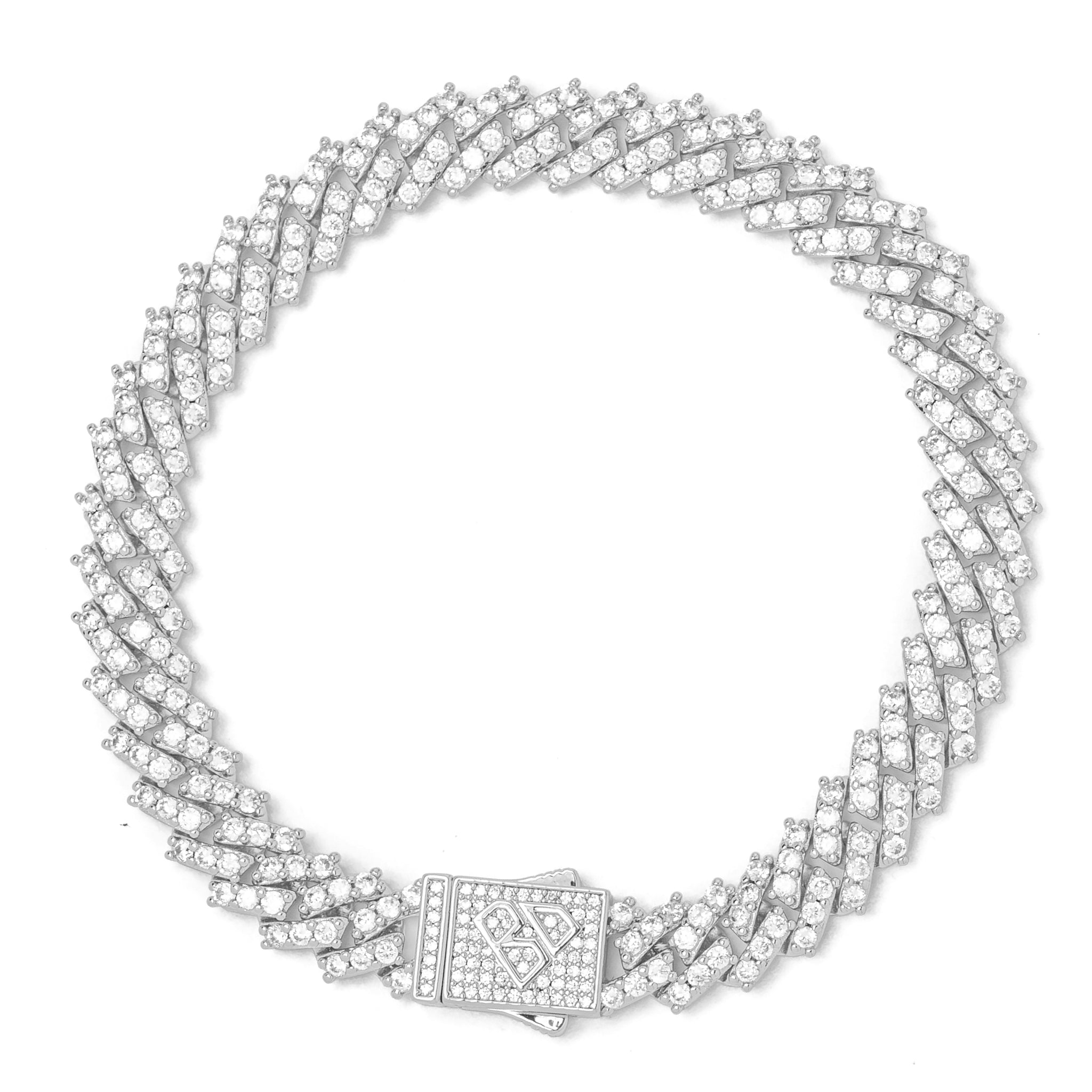 12MM silver iced out prong Cuban bracelet with crystal-encrusted links and box clasp