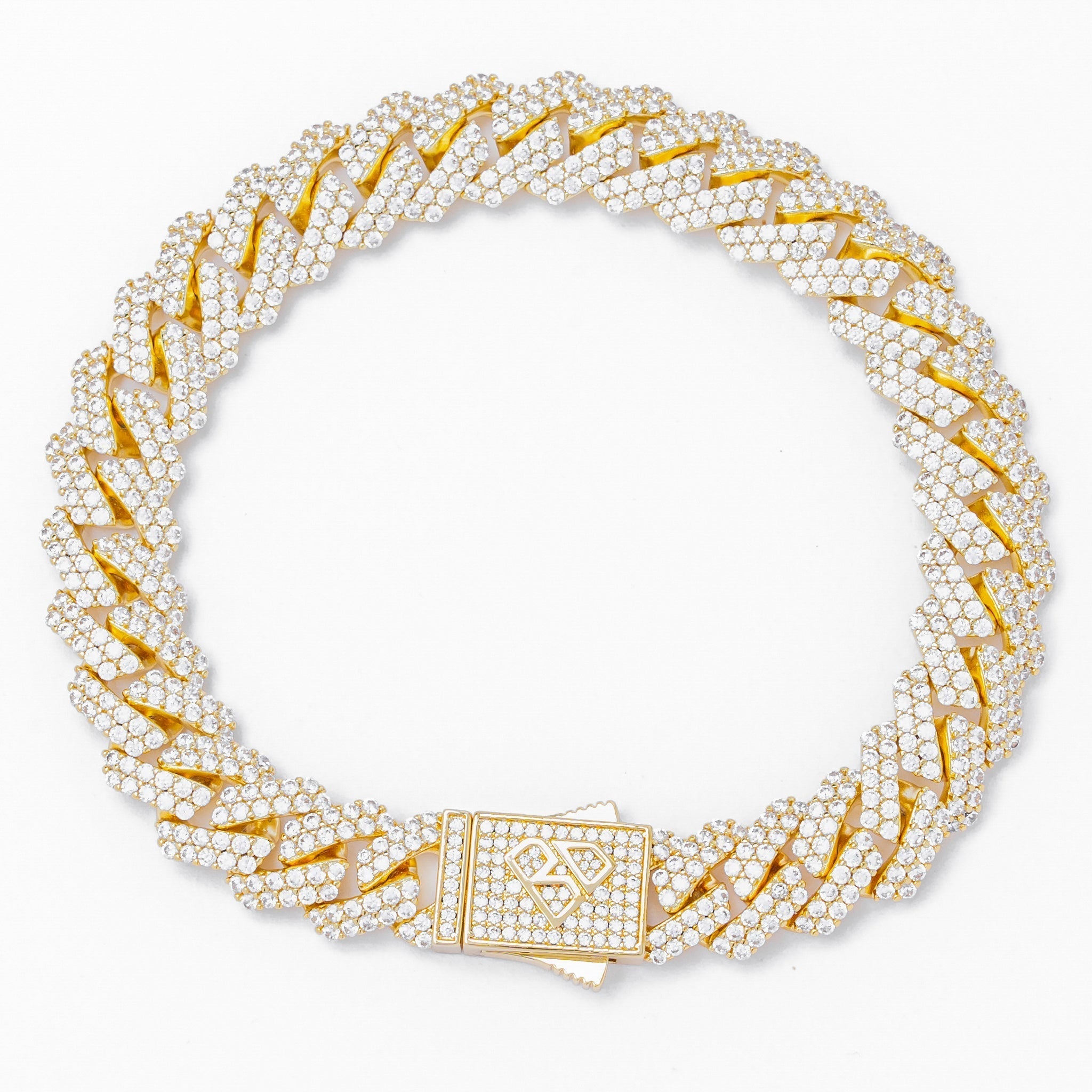 12MM straight edge Cuban diamond gold iced out bracelet with diamond-encrusted links