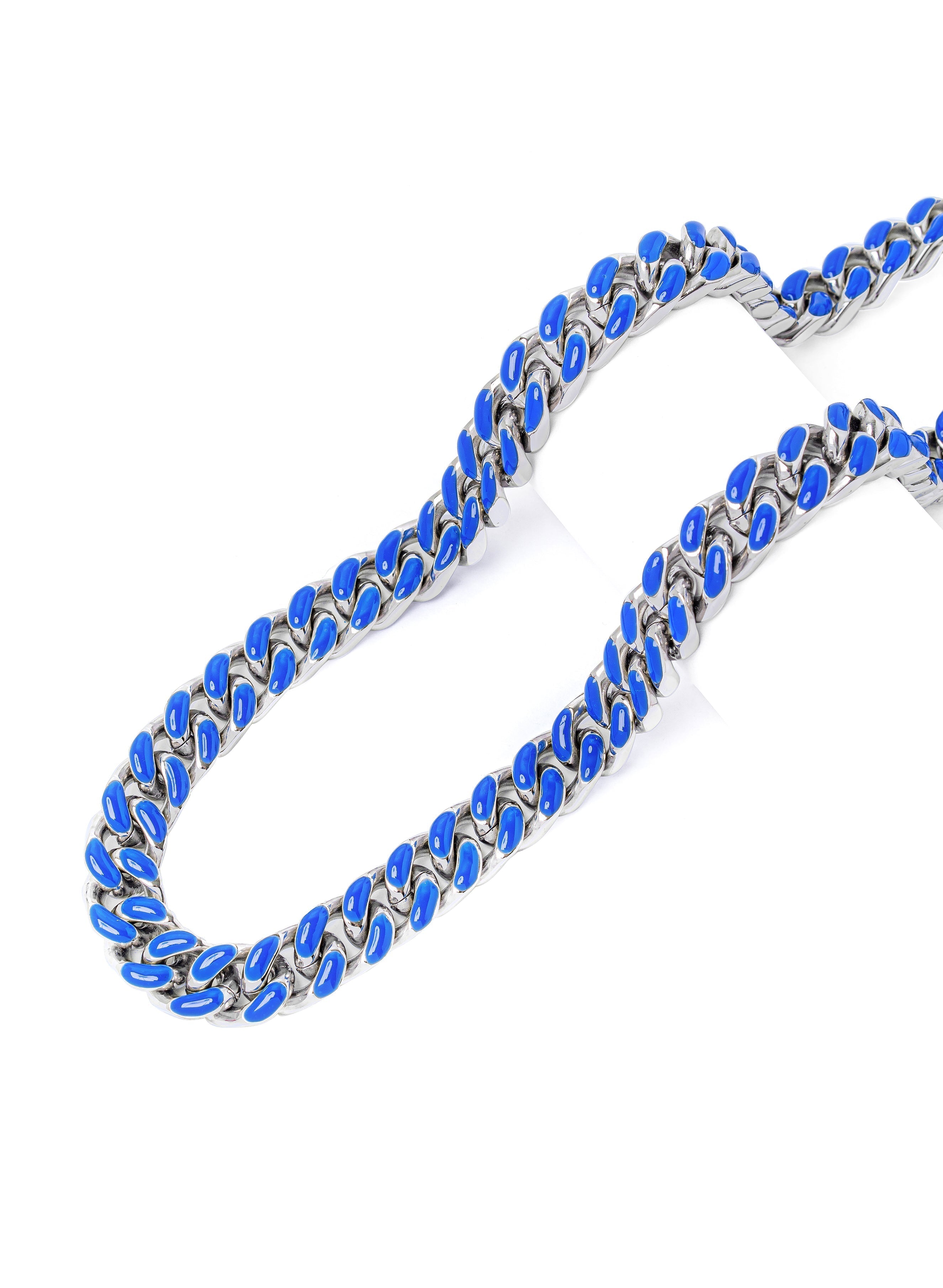 Big Daddy 13MM blue enamel steel Cuban chain laid out showing full length