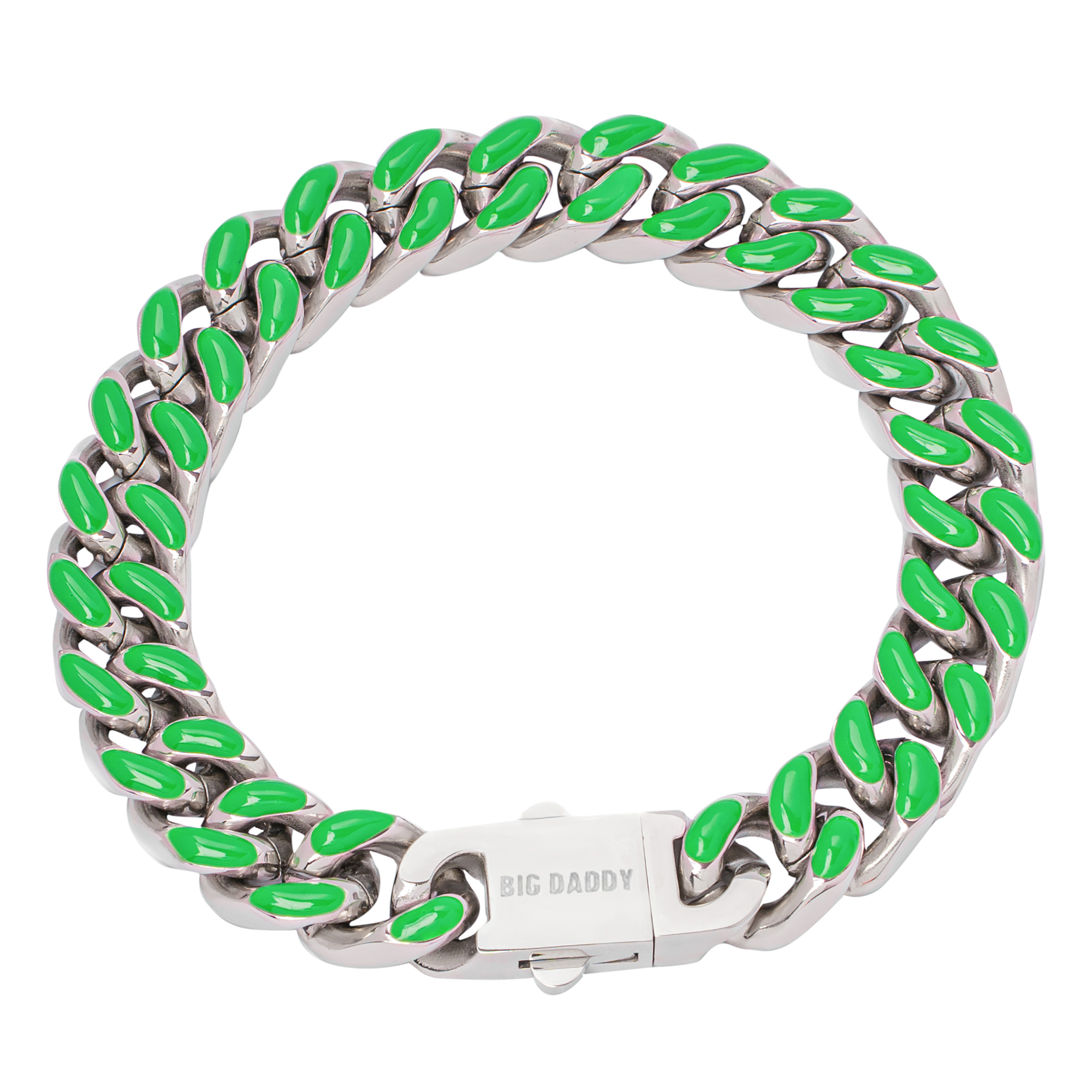 Big Daddy 13MM enamel green steel Cuban link bracelet displayed flat, showing full chain and box clasp