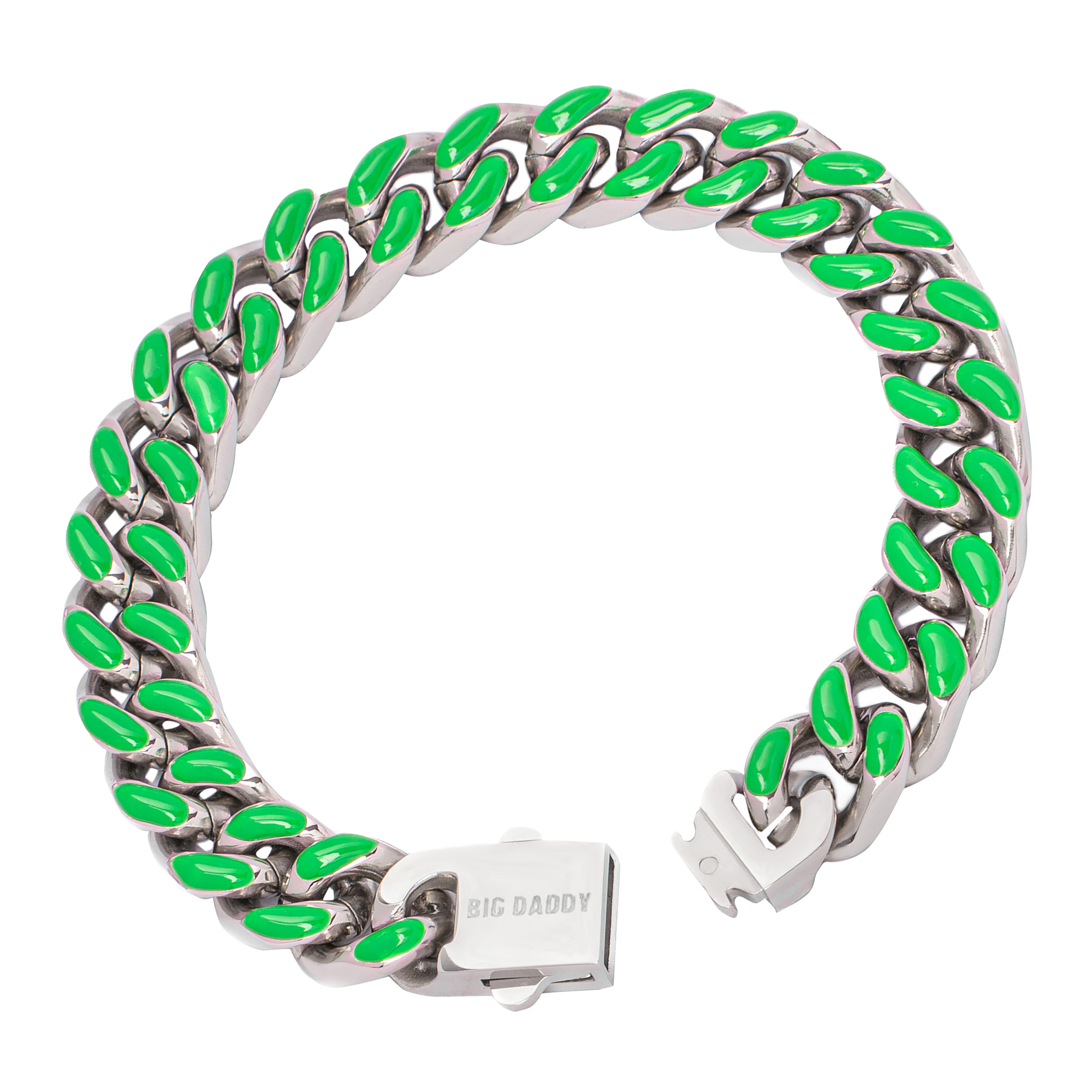 Big Daddy 13MM enamel green steel Cuban bracelet angled view highlighting chain depth and clasp detail