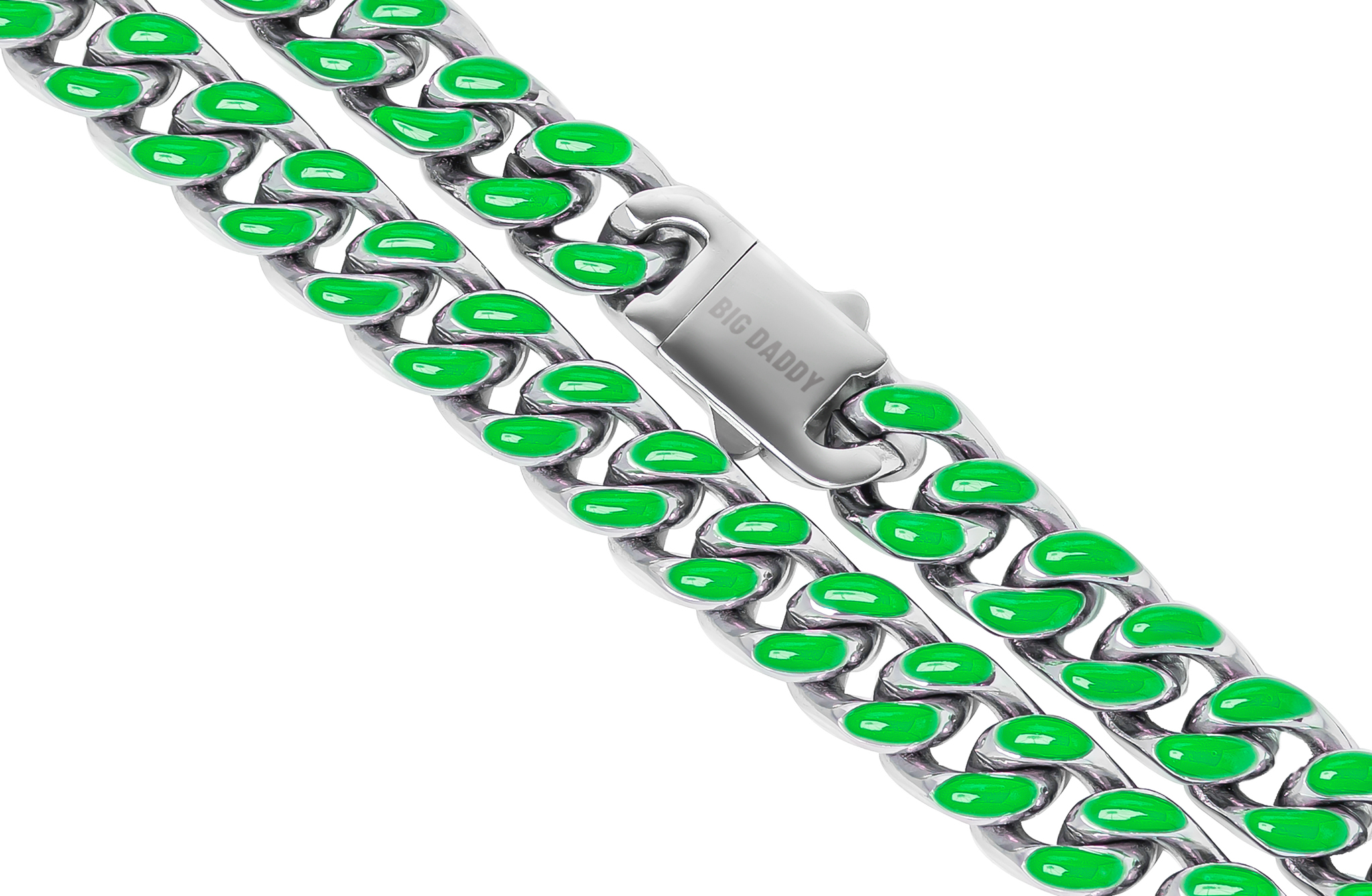13MM Cuban chain detail view showing green enamel and silver metal construction