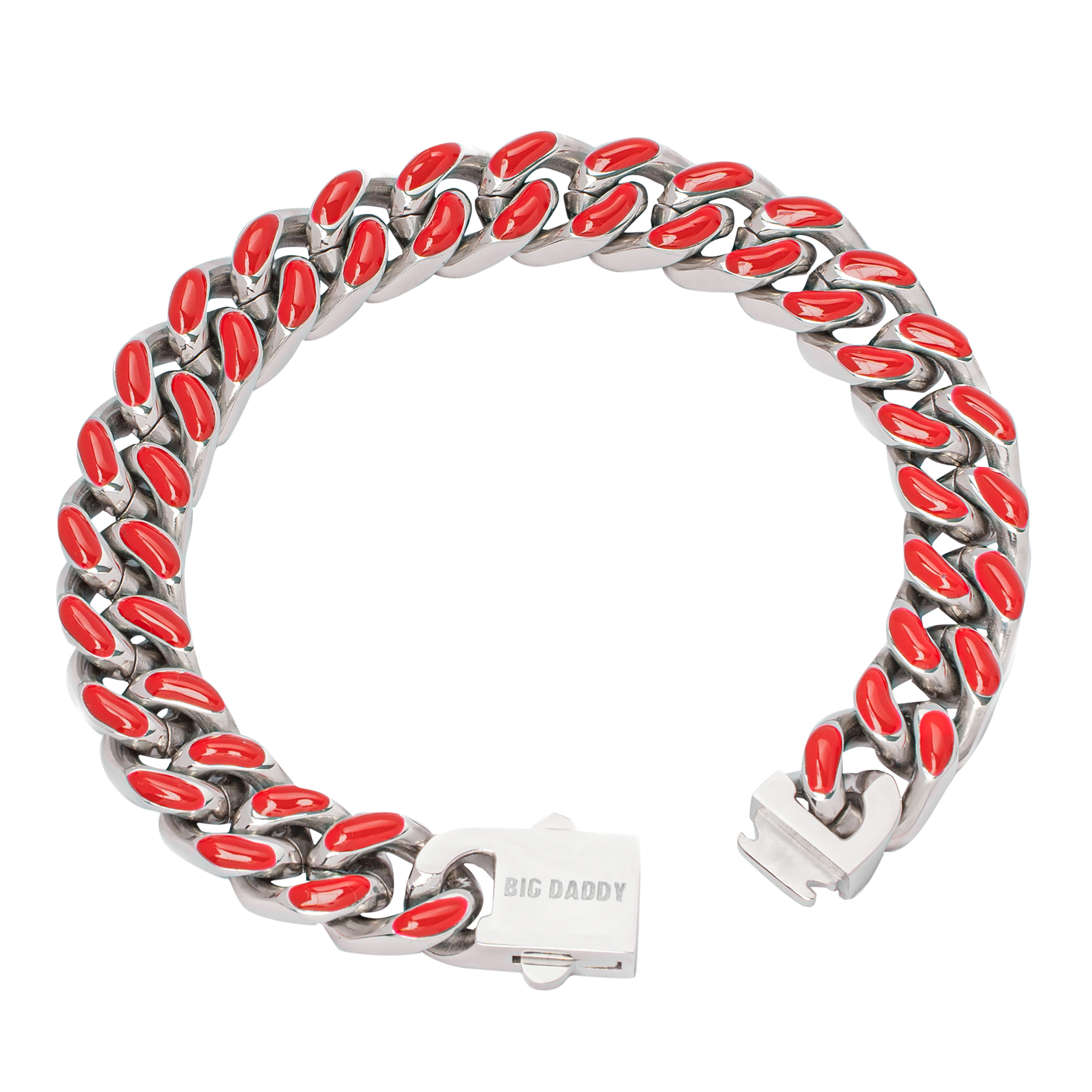 Big Daddy Cuban bracelet red enamel and steel links angled view