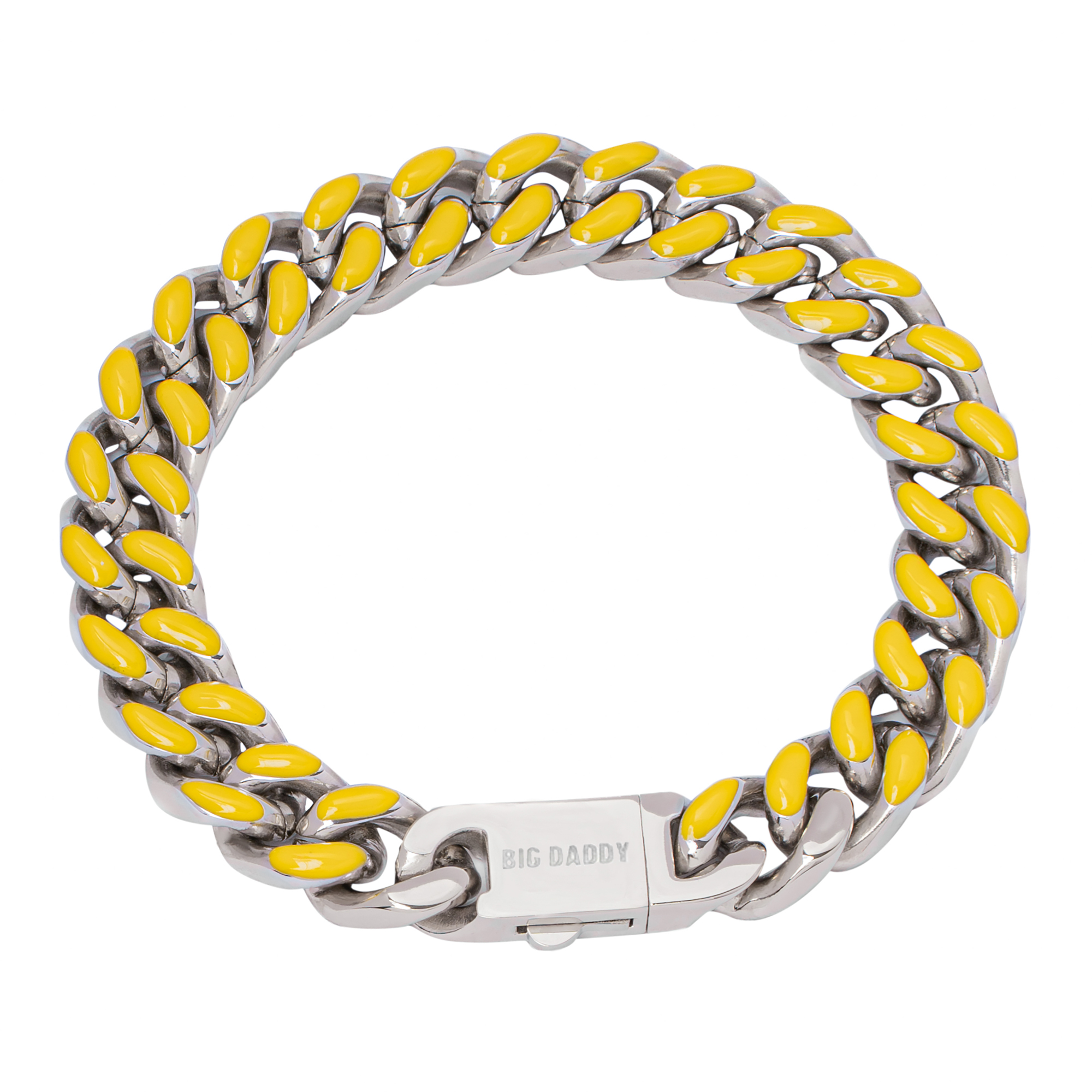 Big Daddy 13mm yellow enamel Cuban link bracelet with steel clasp, displayed flat