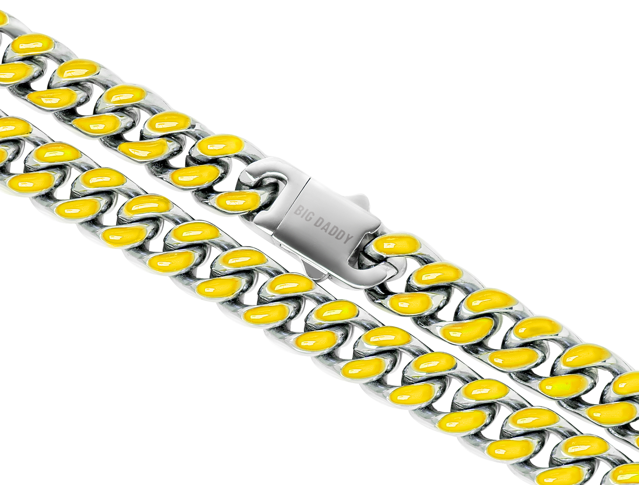 Close-up of 13MM Cuban chain links with yellow enamel and steel accents
