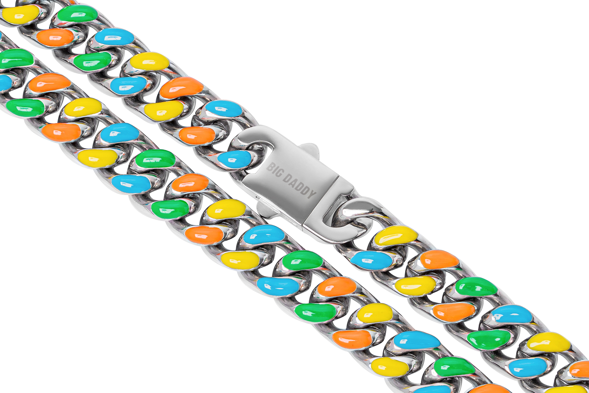 Close-up detail of Big Daddy Cuban chain links with metal clasp and multi-colour enamel finish