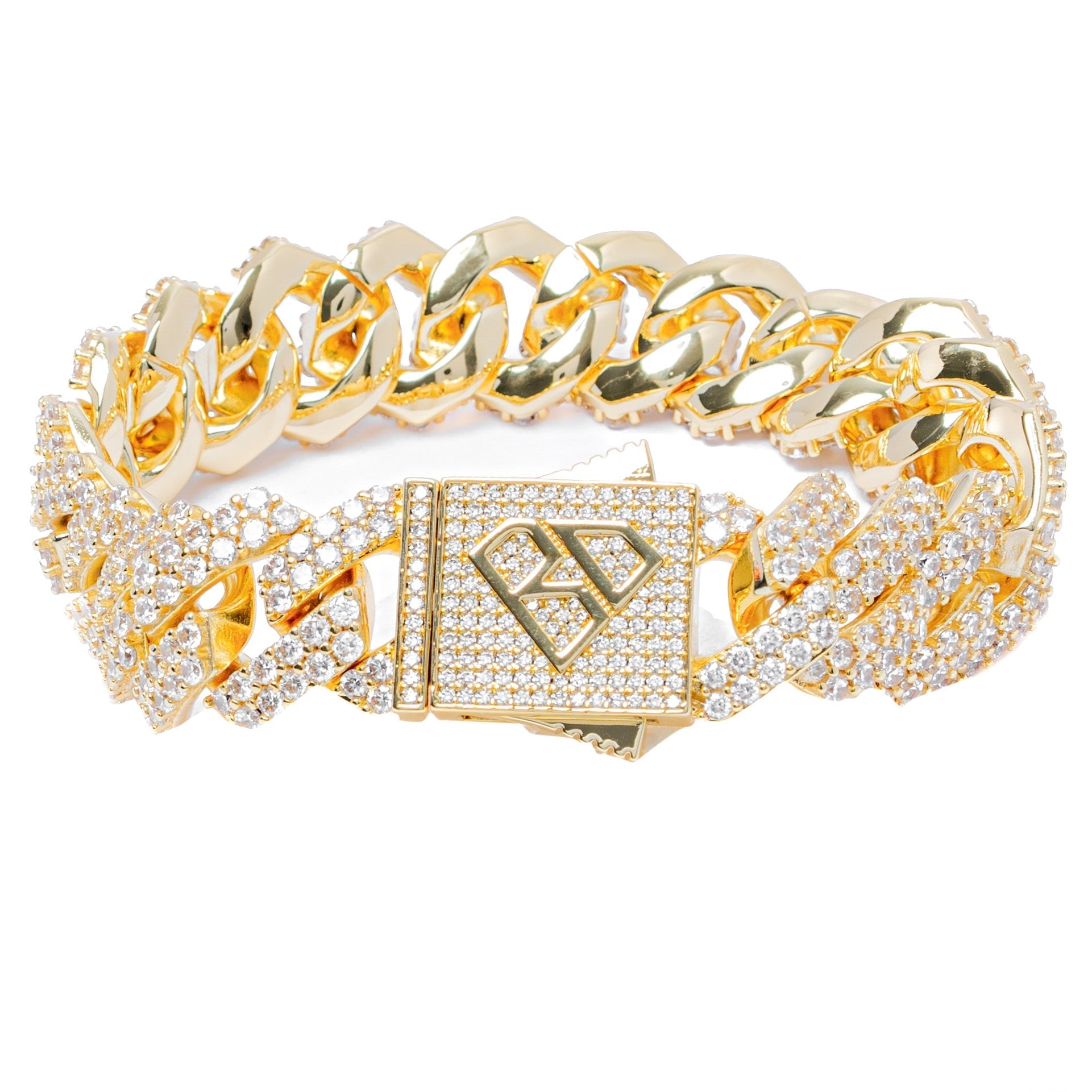 Big Daddy 19MM straight edge Cuban diamond gold iced out bracelet with clasp detail