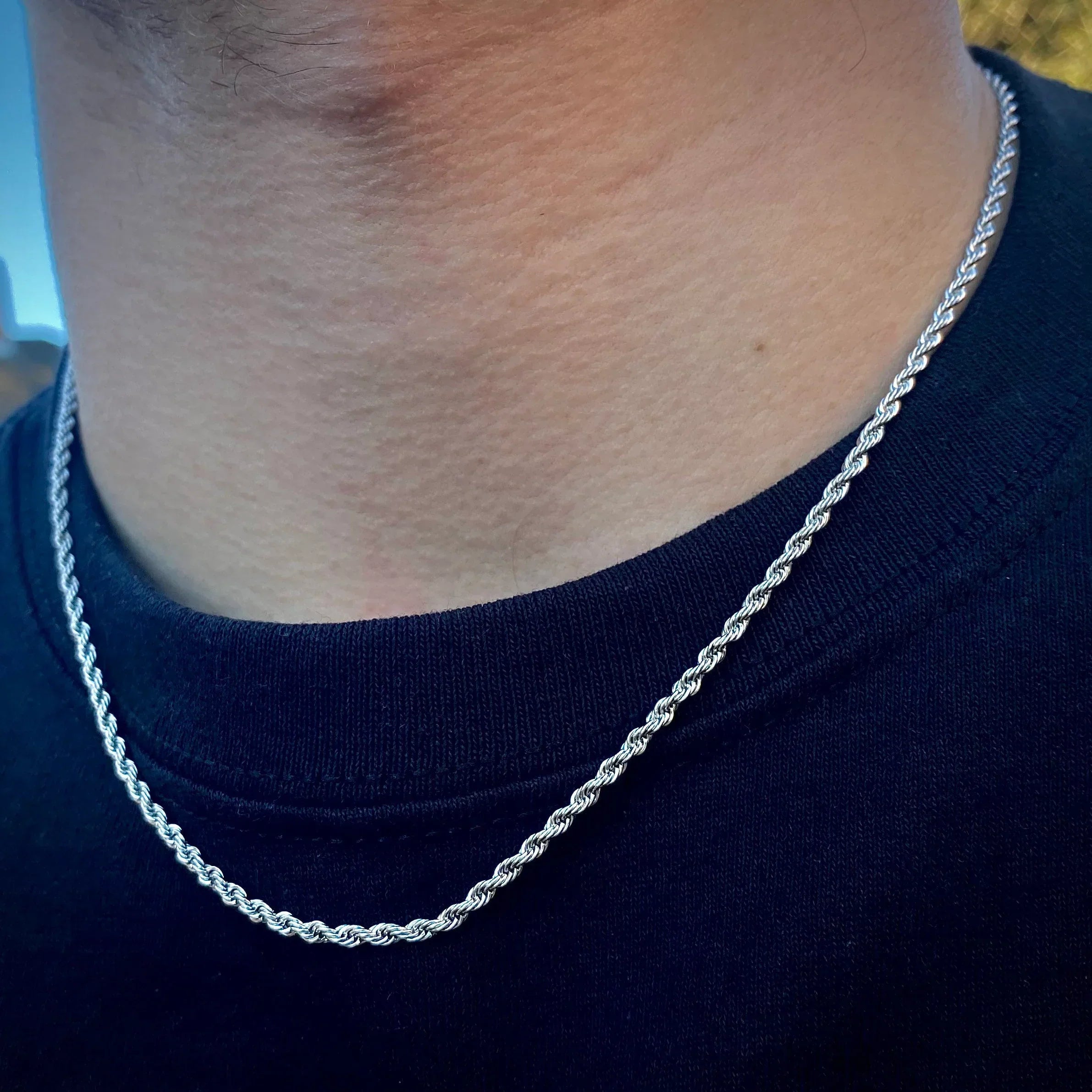 Big Daddy 2.5mm silver rope chain necklace worn on male model