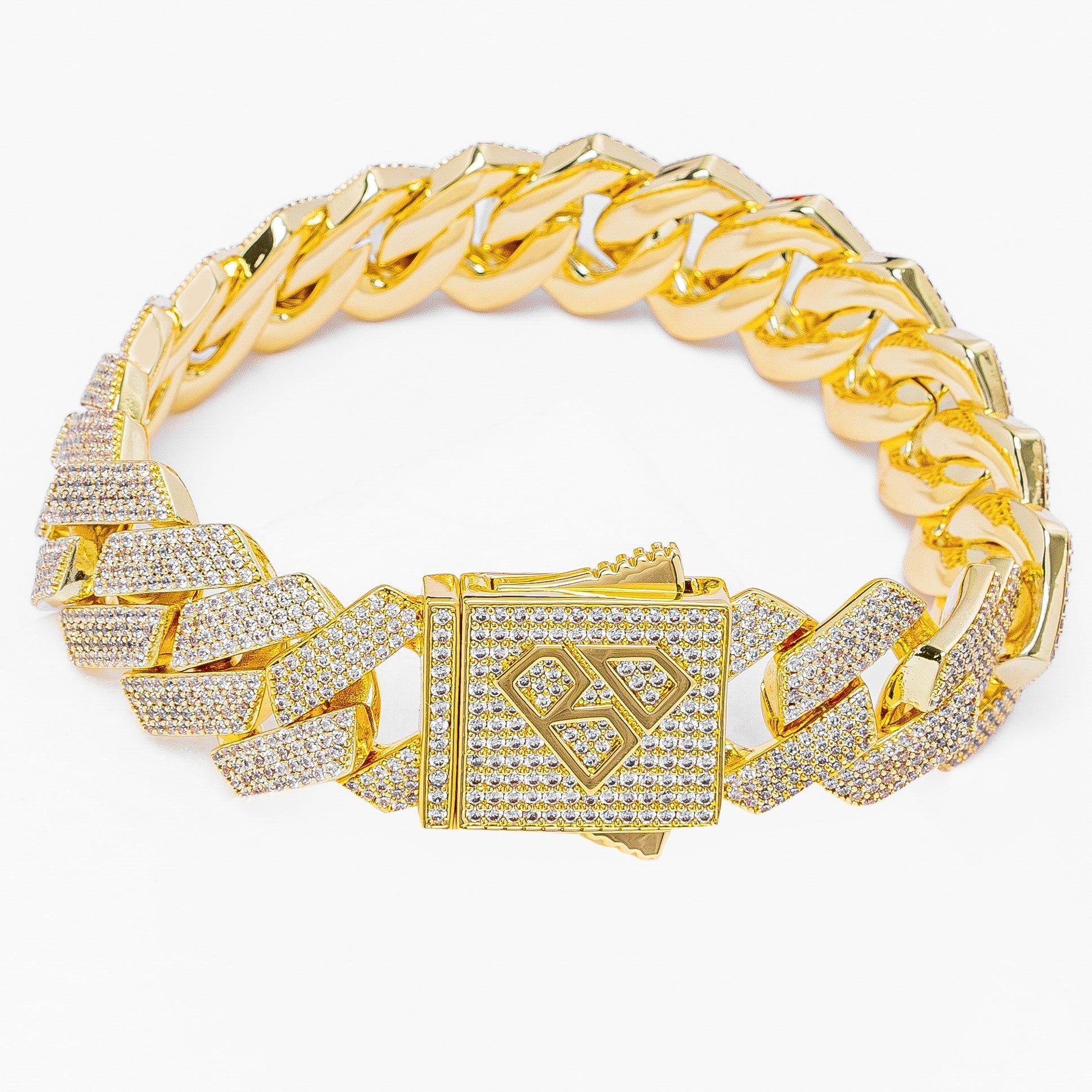 Gold Cuban link bracelet with iced-out diamond-encrusted chain and box clasp
