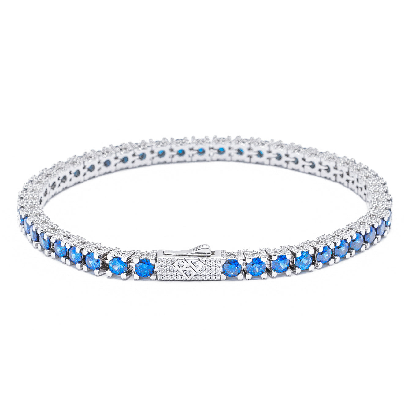 Big Daddy 4MM silver tennis bracelet with alternating blue and clear cubic zirconia stones