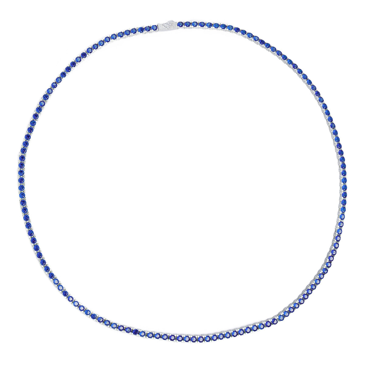 Full length view of Big Daddy 4MM blue and silver tennis chain necklace