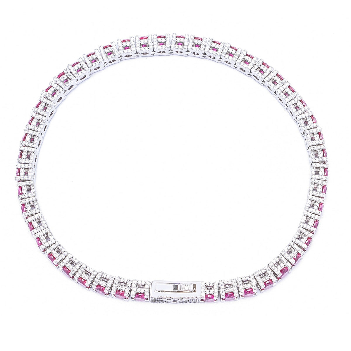 Silver ruby tennis bracelet laying flat showing alternating diamond and ruby square stone pattern