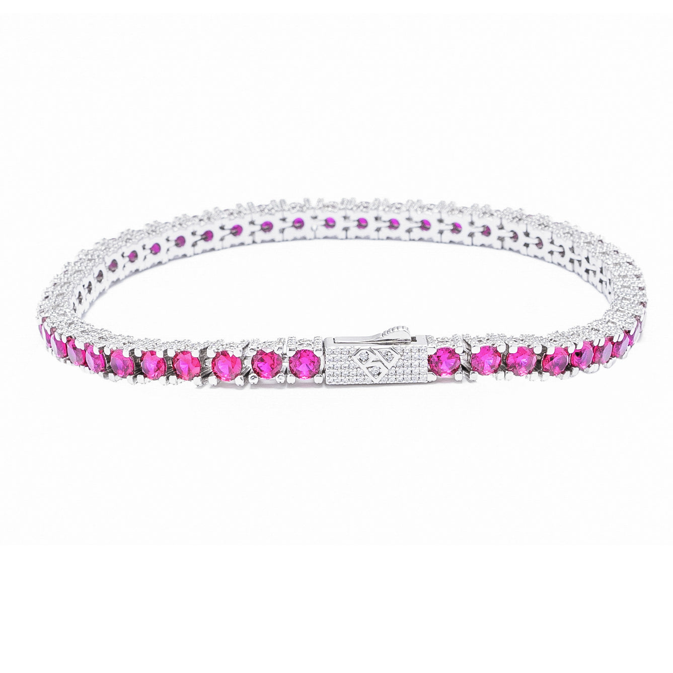 Silver 4mm ruby tennis bracelet with alternating round rubies and diamond accents, front view