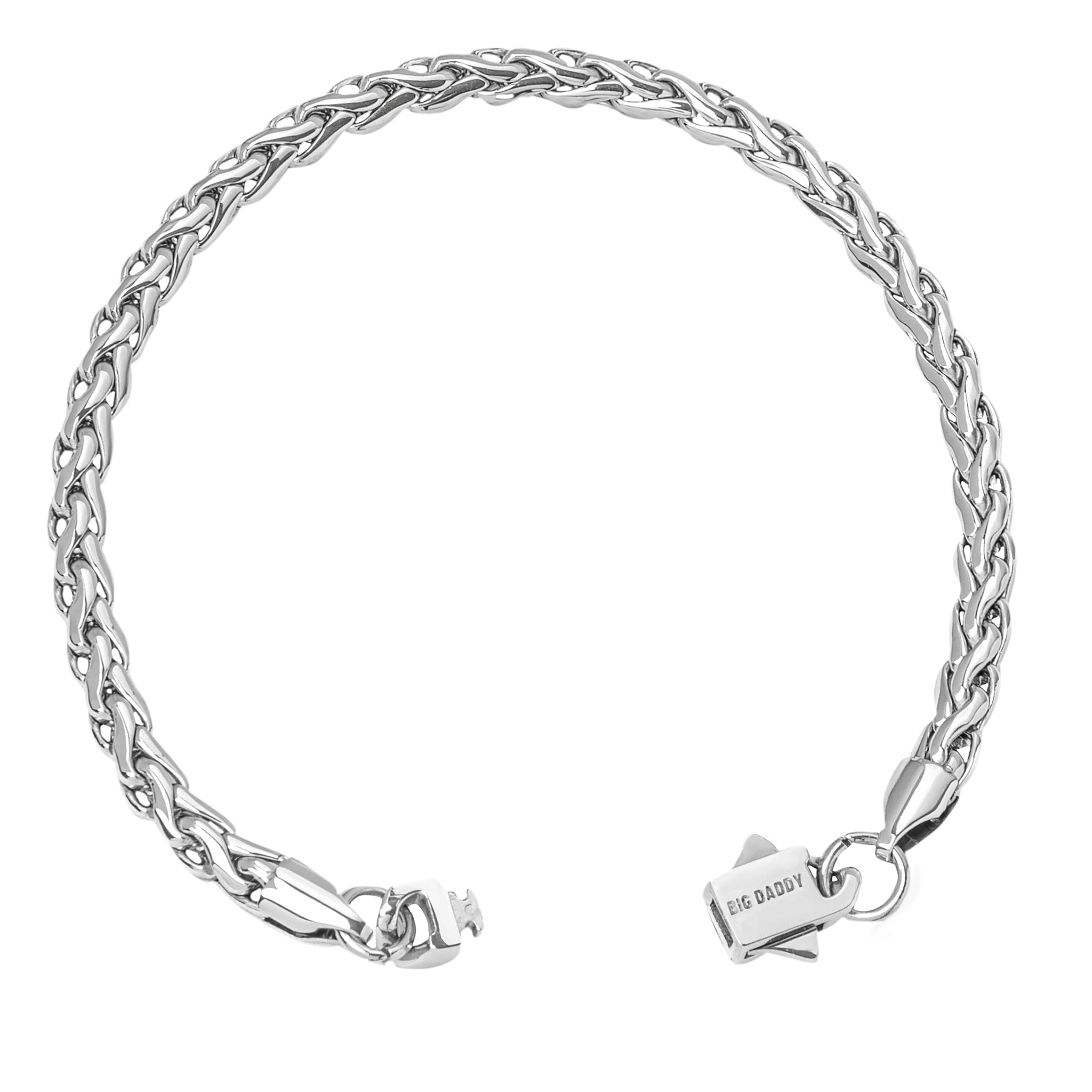 Big Daddy 5MM silver steel spiga rope bracelet clasp detail and open band view