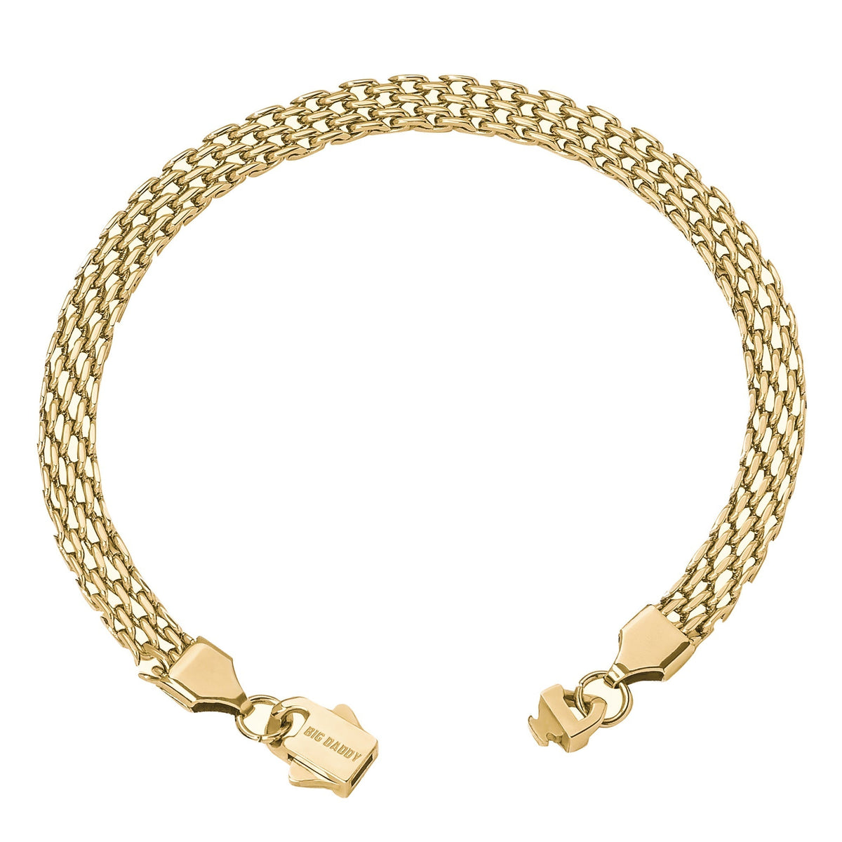 Gold flat herringbone bracelet shown at angle displaying clasp and chain detail