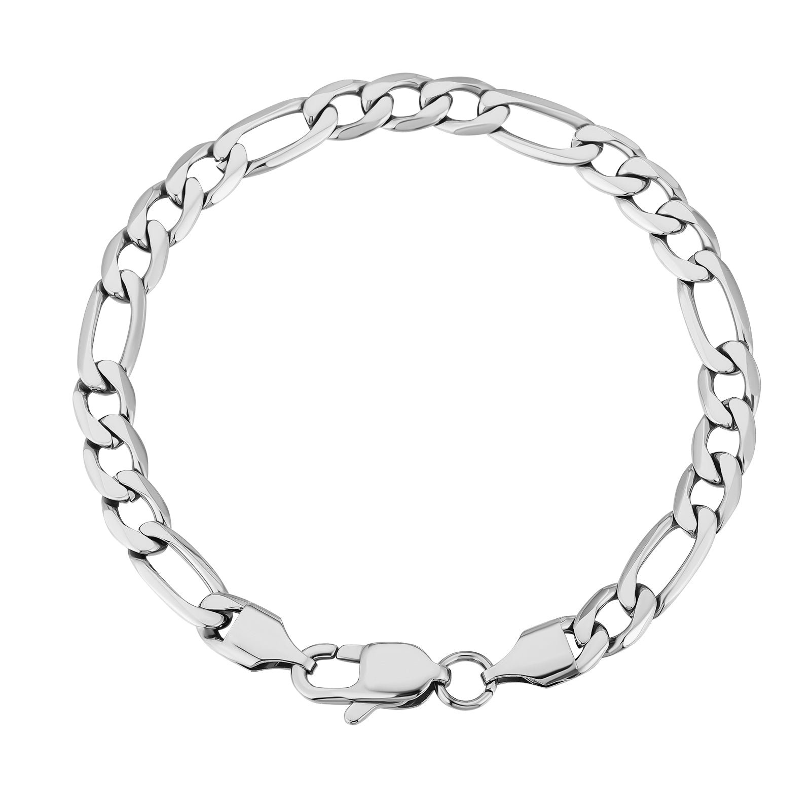 6mm steel figaro silver bracelet with lobster clasp, displayed flat