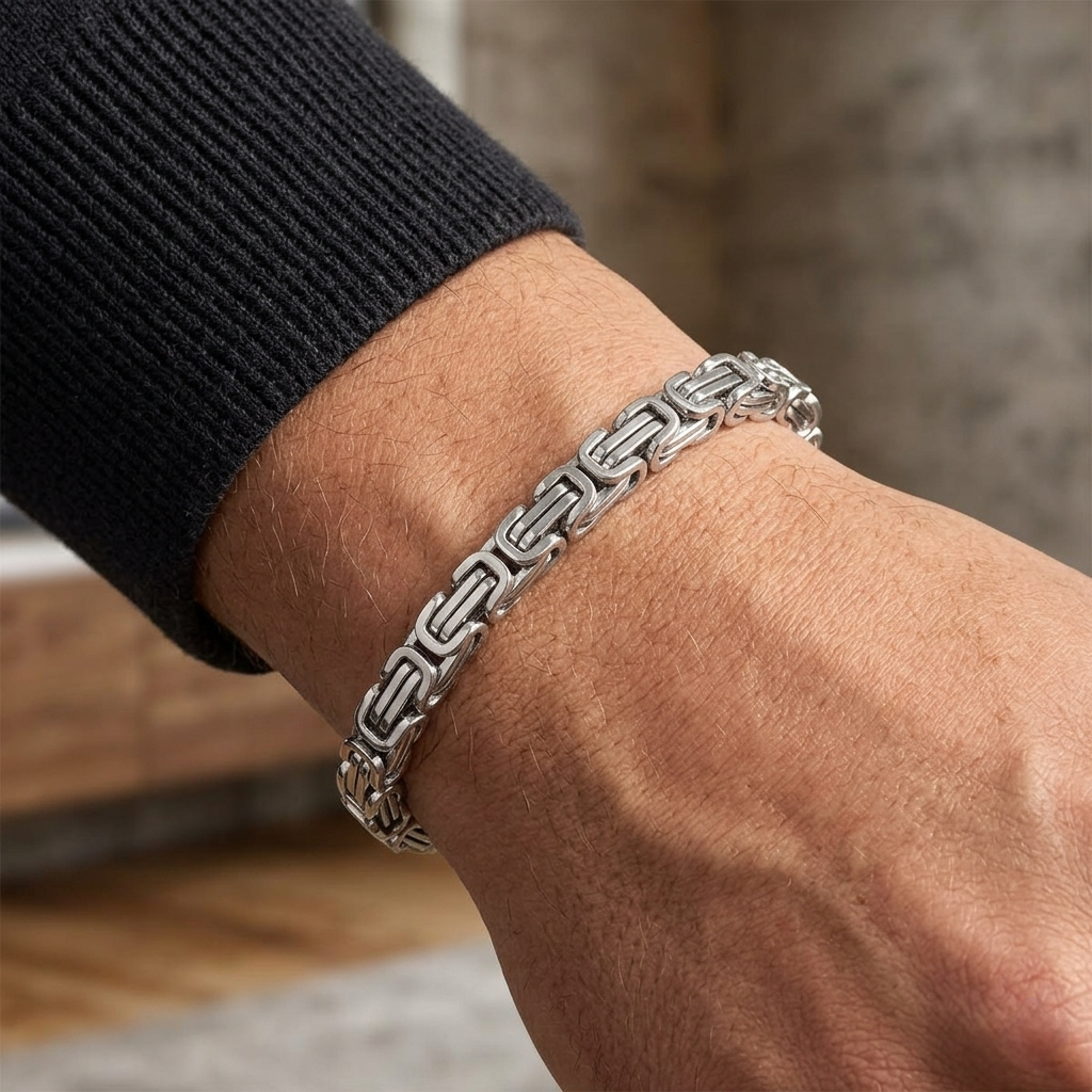 Big Daddy 8MM Byzantine Link 18K Silver Bracelet