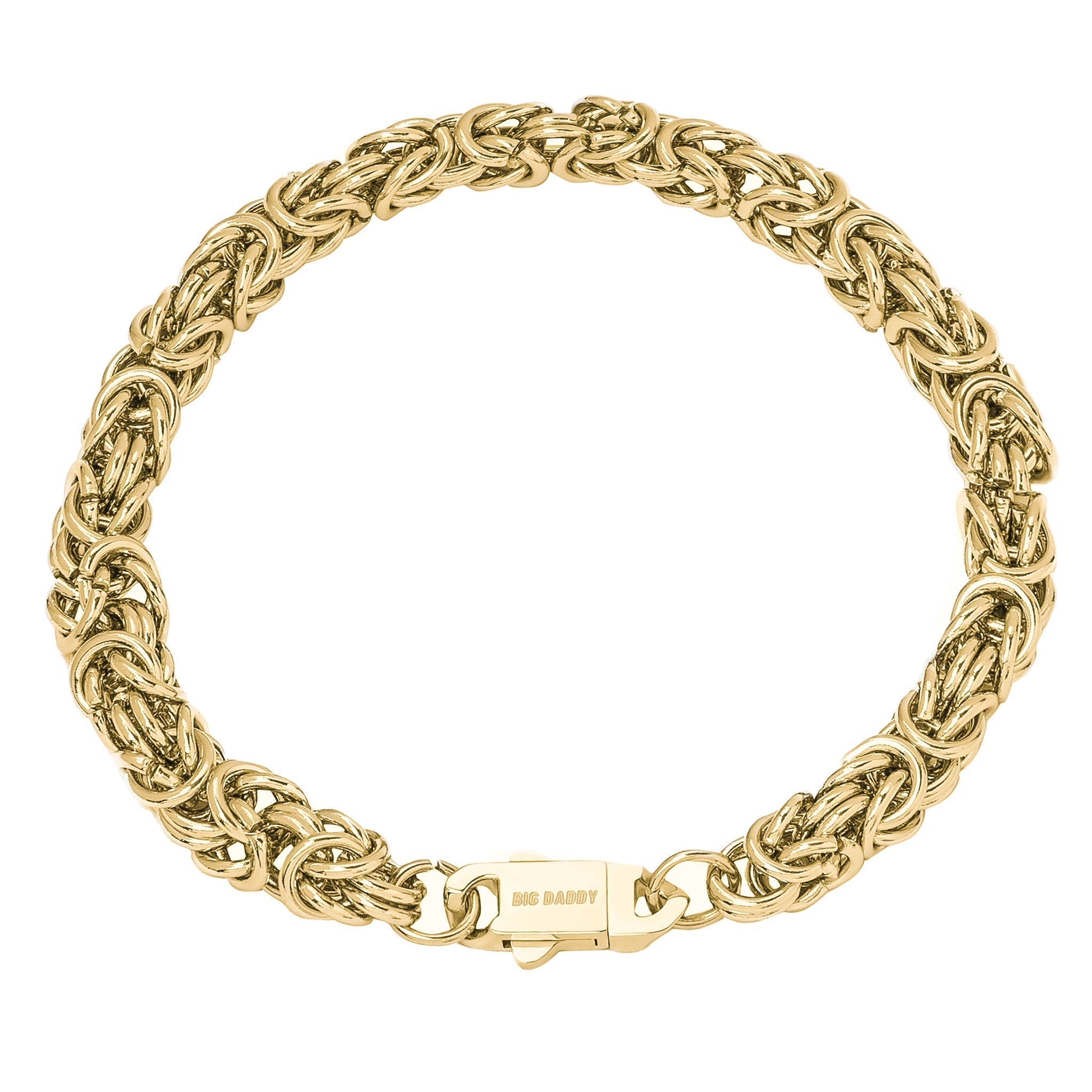 Big Daddy 8MM Byzantine link gold bracelet displayed flat, showing intricate chain pattern