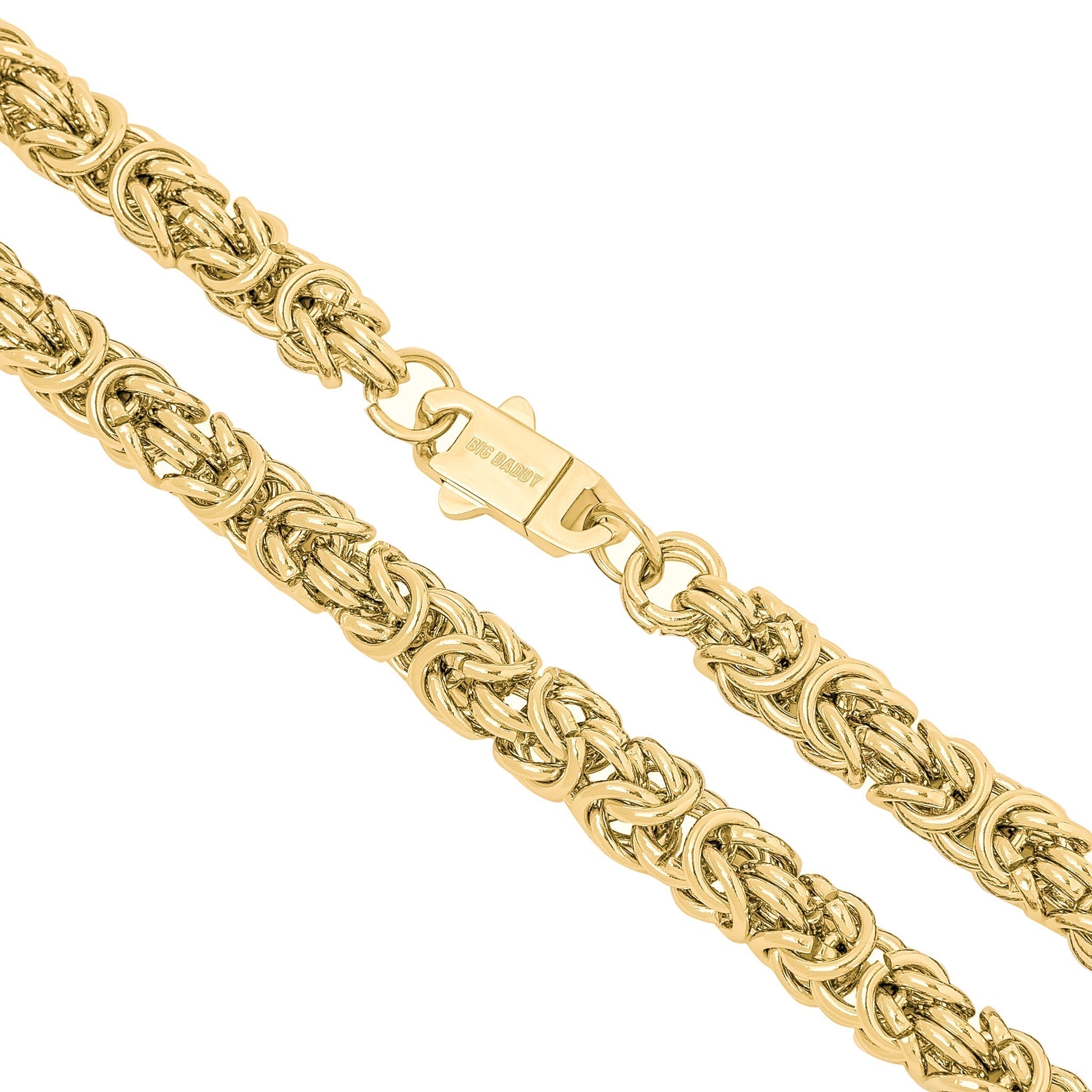 Close-up detail of 8MM Byzantine chain links and gold clasp