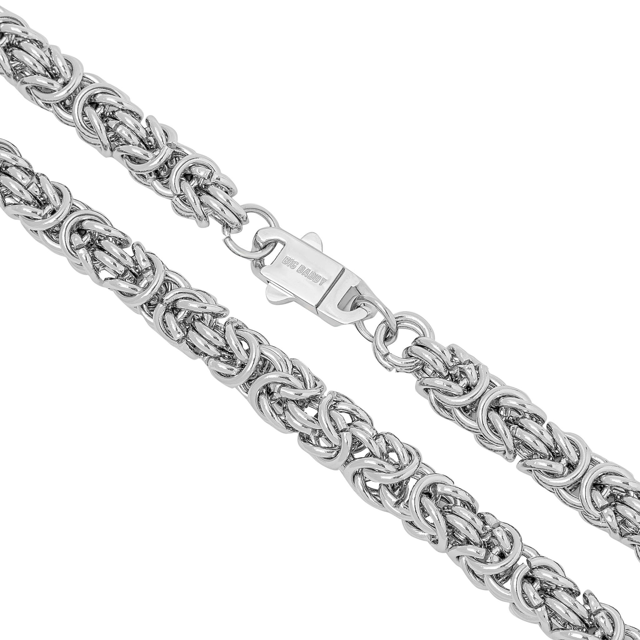 Close-up of 8MM Byzantine links and box clasp on silver steel chain