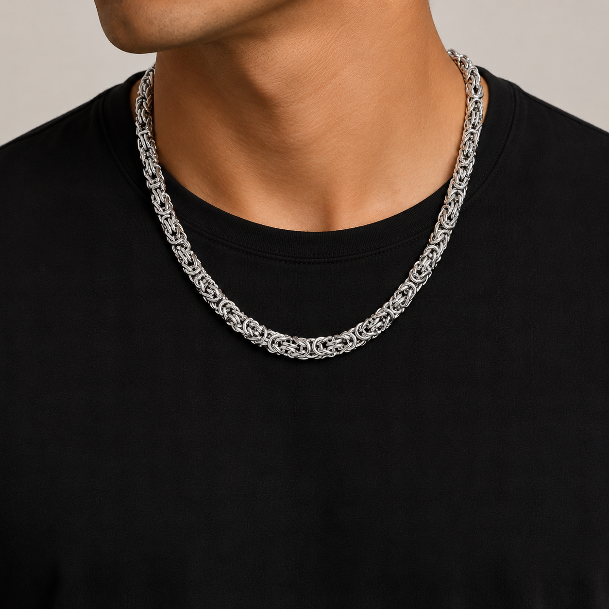 Big Daddy 8MM Byzantine link silver steel chain worn on neck with black shirt