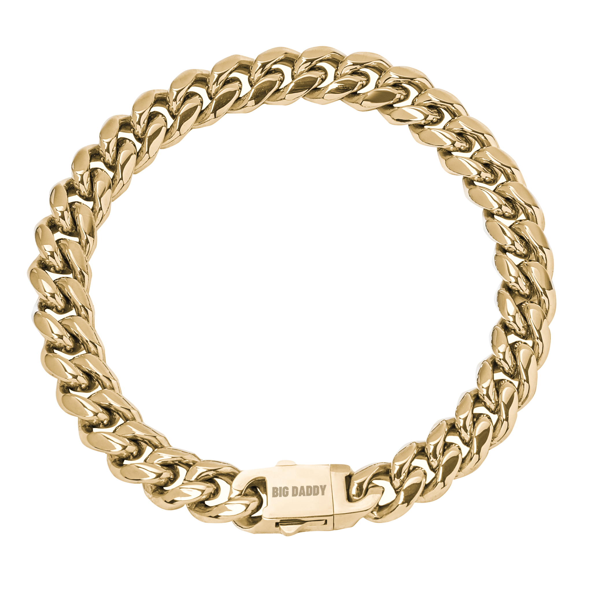 Big Daddy 8MM Cuban link bracelet in 18K gold displayed as a closed circle showing interlocking chain links