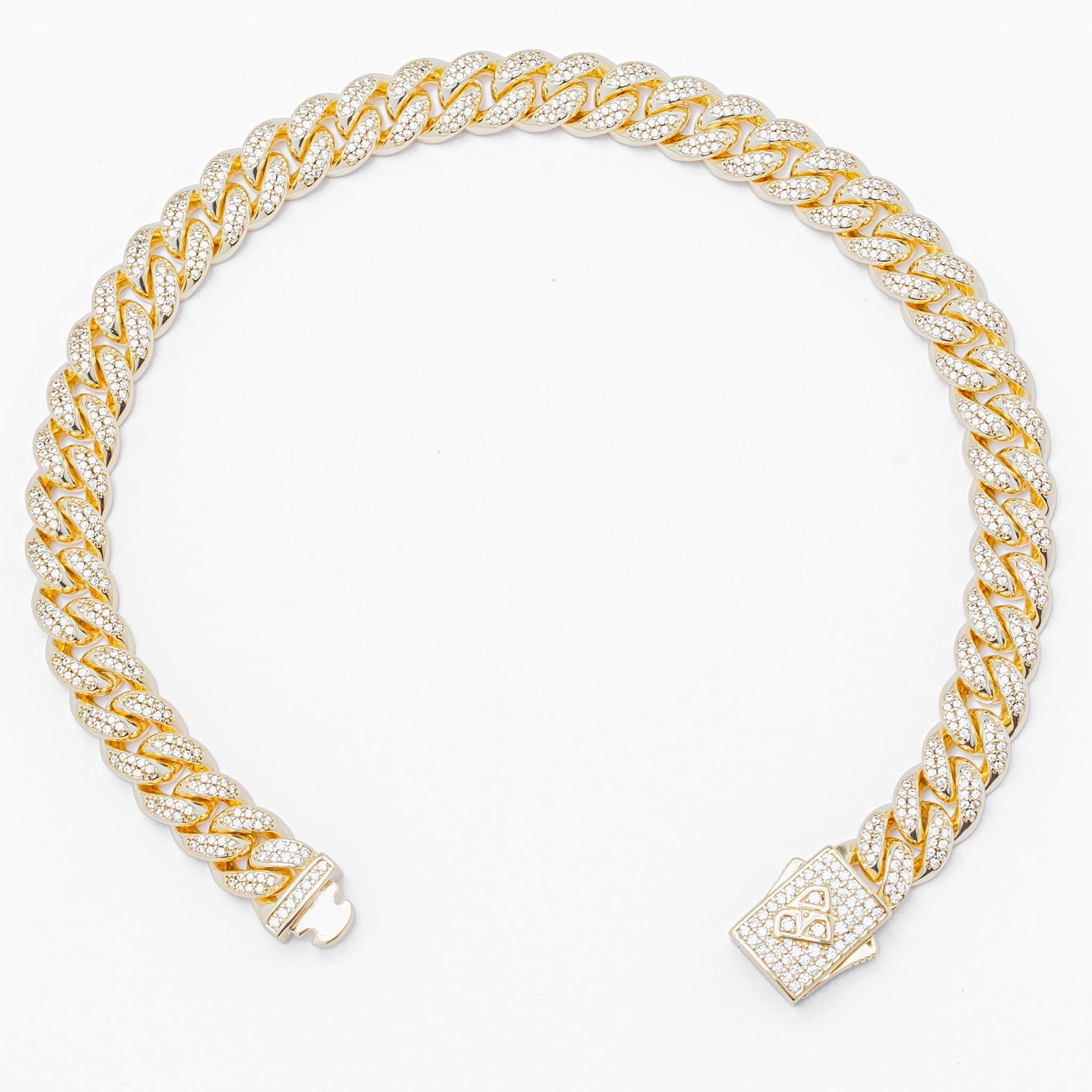 8MM gold Cuban link bracelet angled view showing iced out diamond-shaped clasp detail