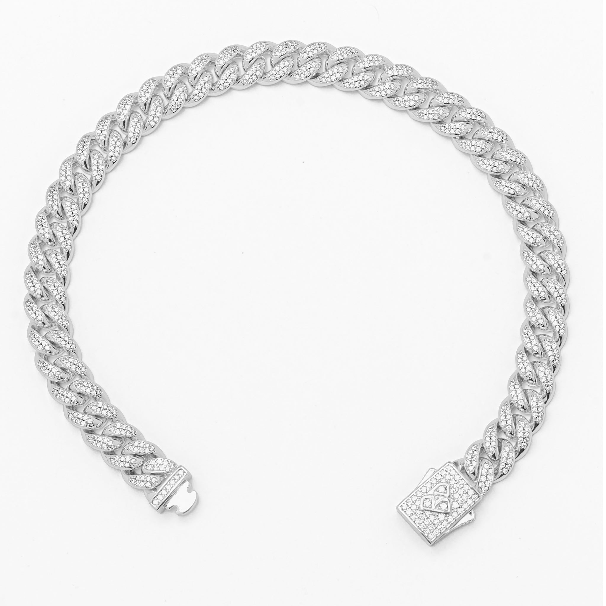 8MM Cuban link bracelet with iced-out stones and rhodium box clasp detail
