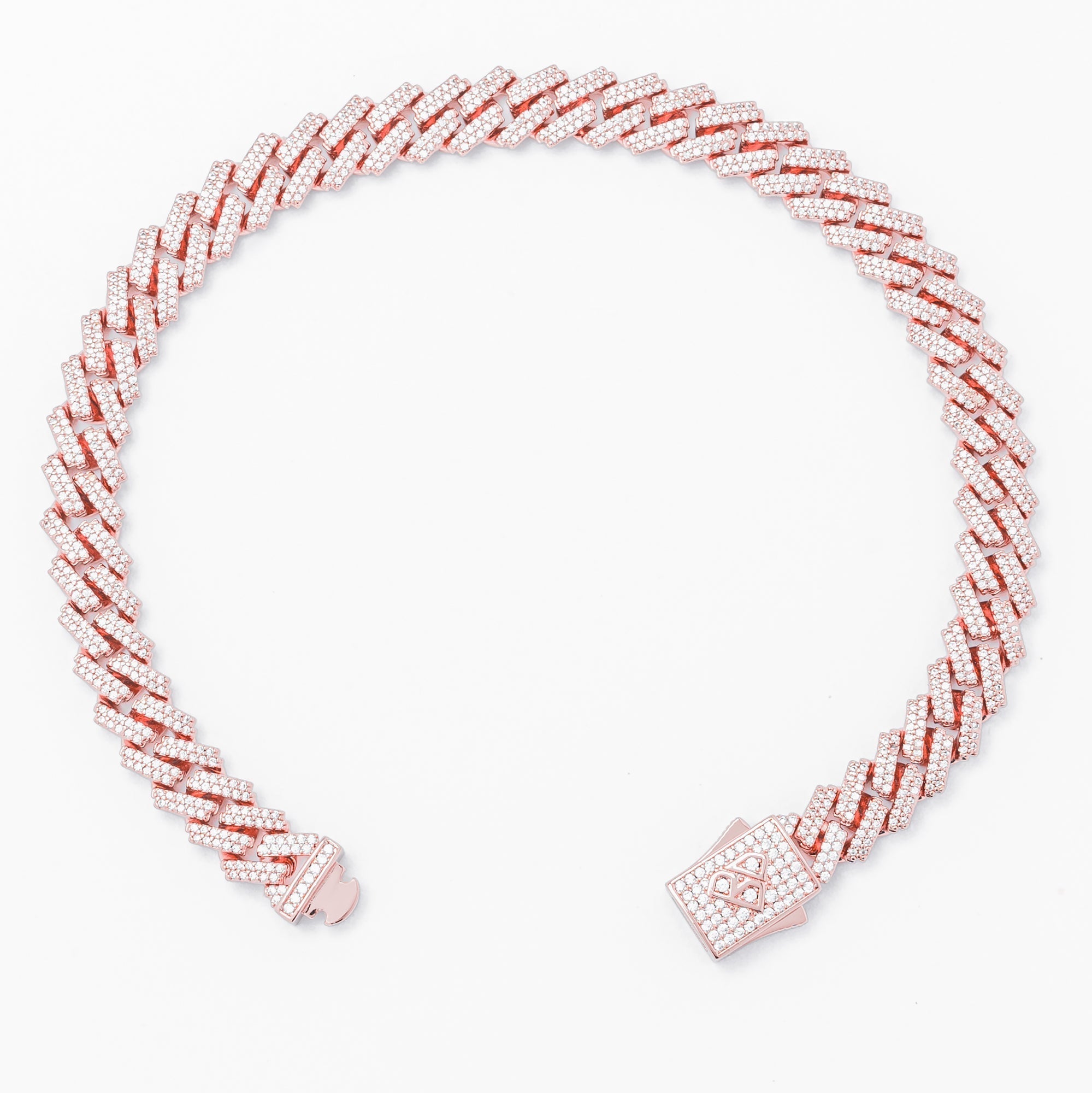 8MM rose gold Cuban link bracelet open showing iced out diamond-encrusted clasp ends