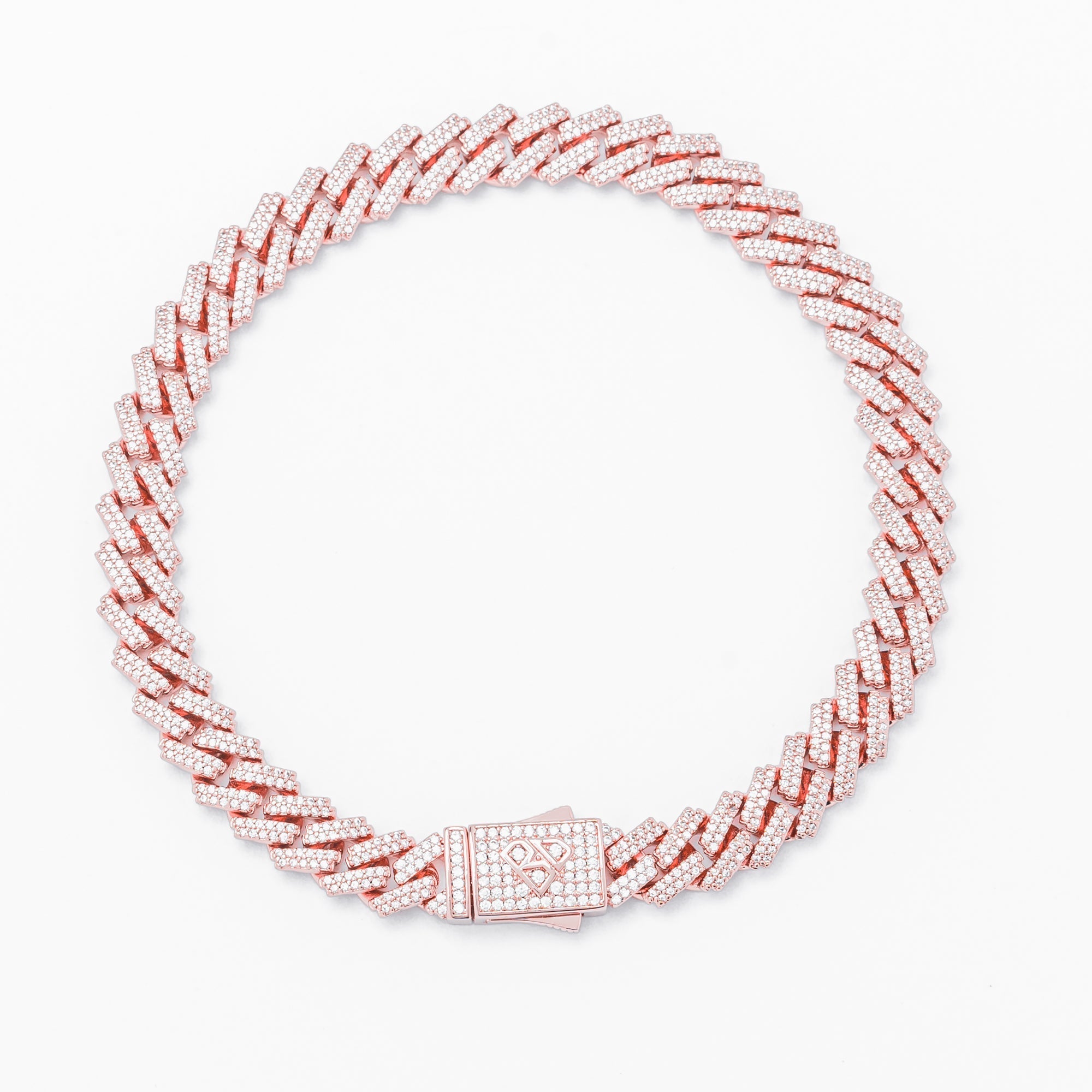 8MM rose gold Cuban link bracelet with iced out diamond clasp, displayed closed