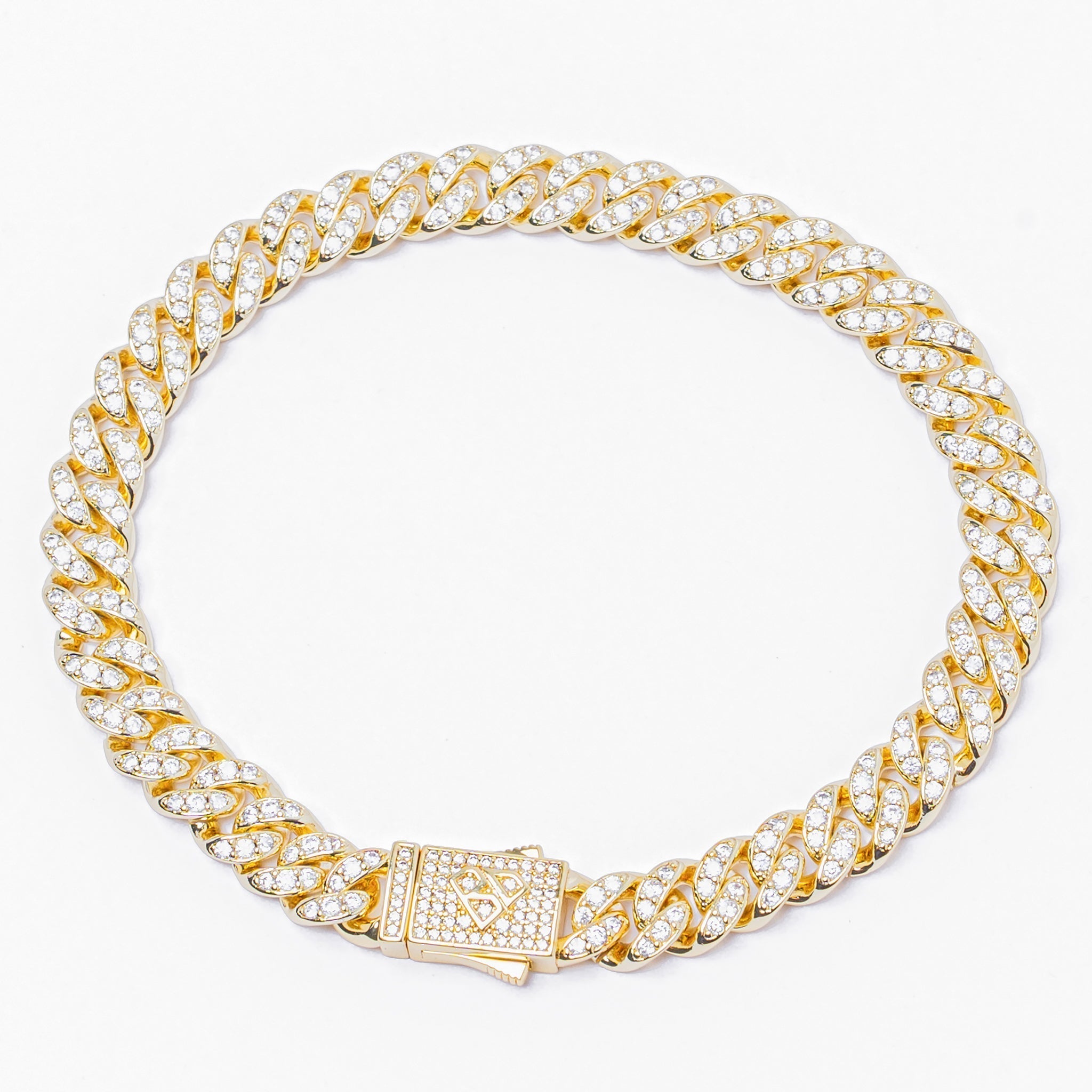 8MM iced out gold Cuban link bracelet with diamond-encrusted links and box clasp