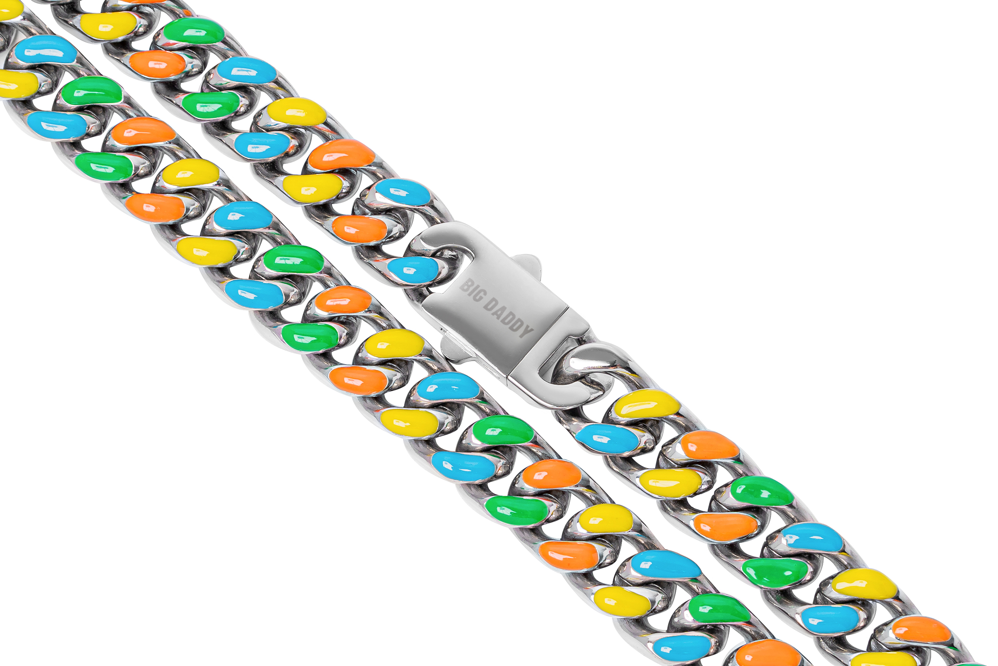 8mm Cuban chain detail showing stainless steel clasp and multi-colour enamel links