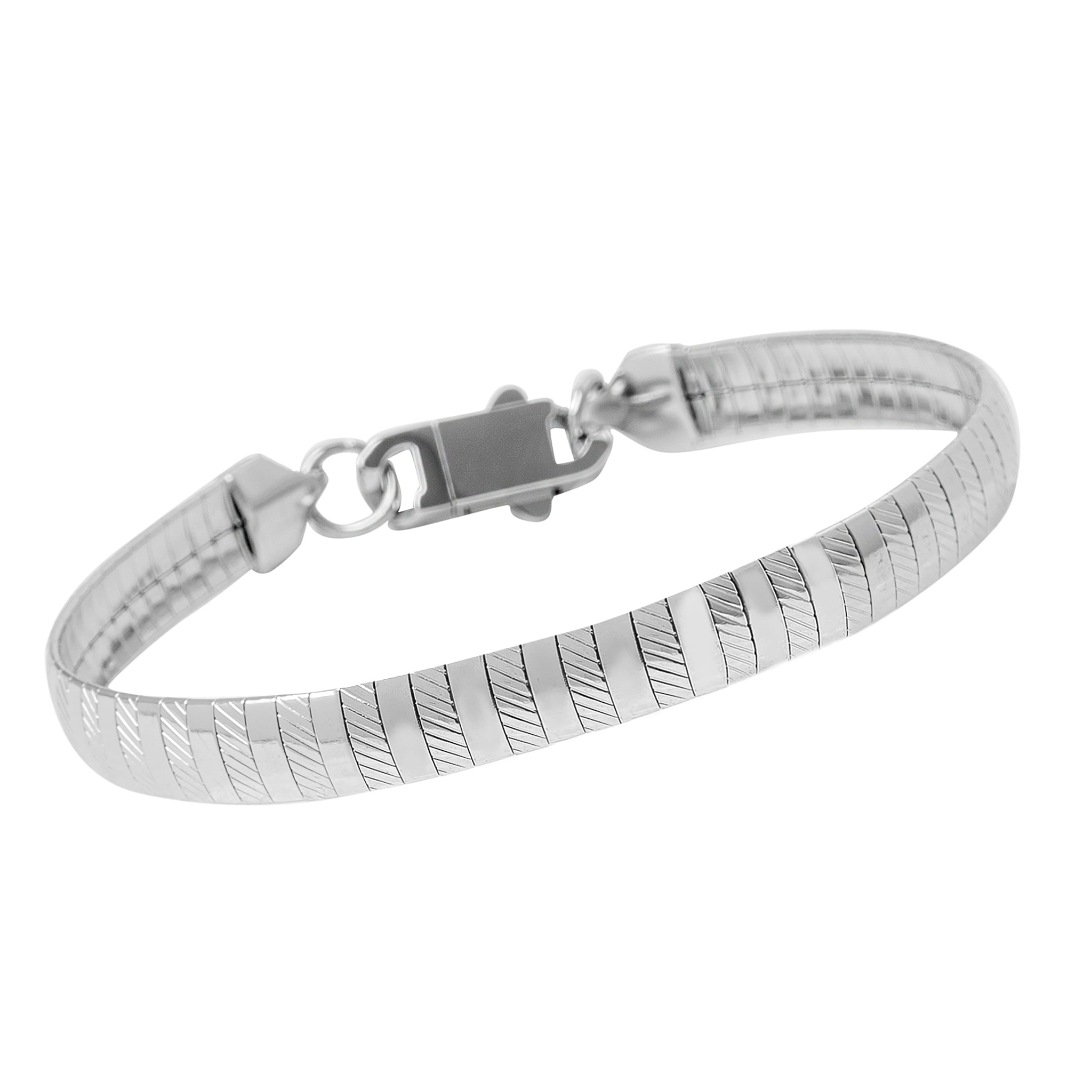 Angled view of Big Daddy 8MM silver steel omega bracelet with closure detail