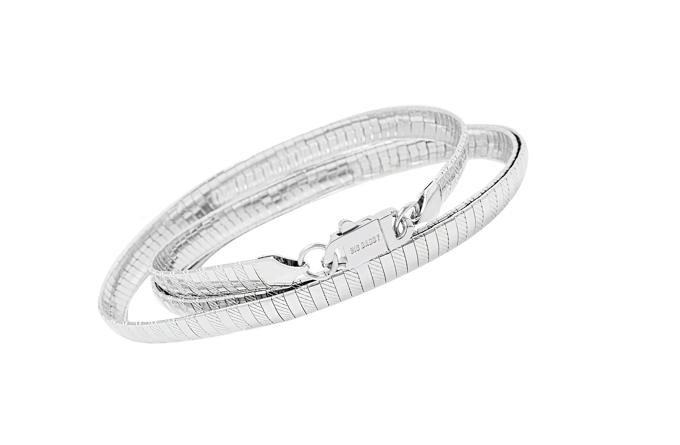 8MM omega silver steel chain coiled showing 3D link structure