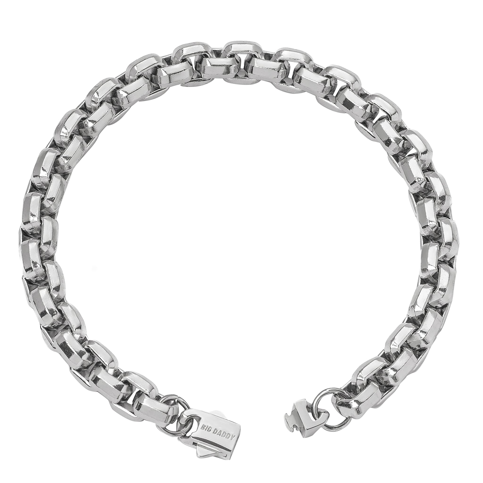8MM silver steel Franco box chain bracelet displayed flat