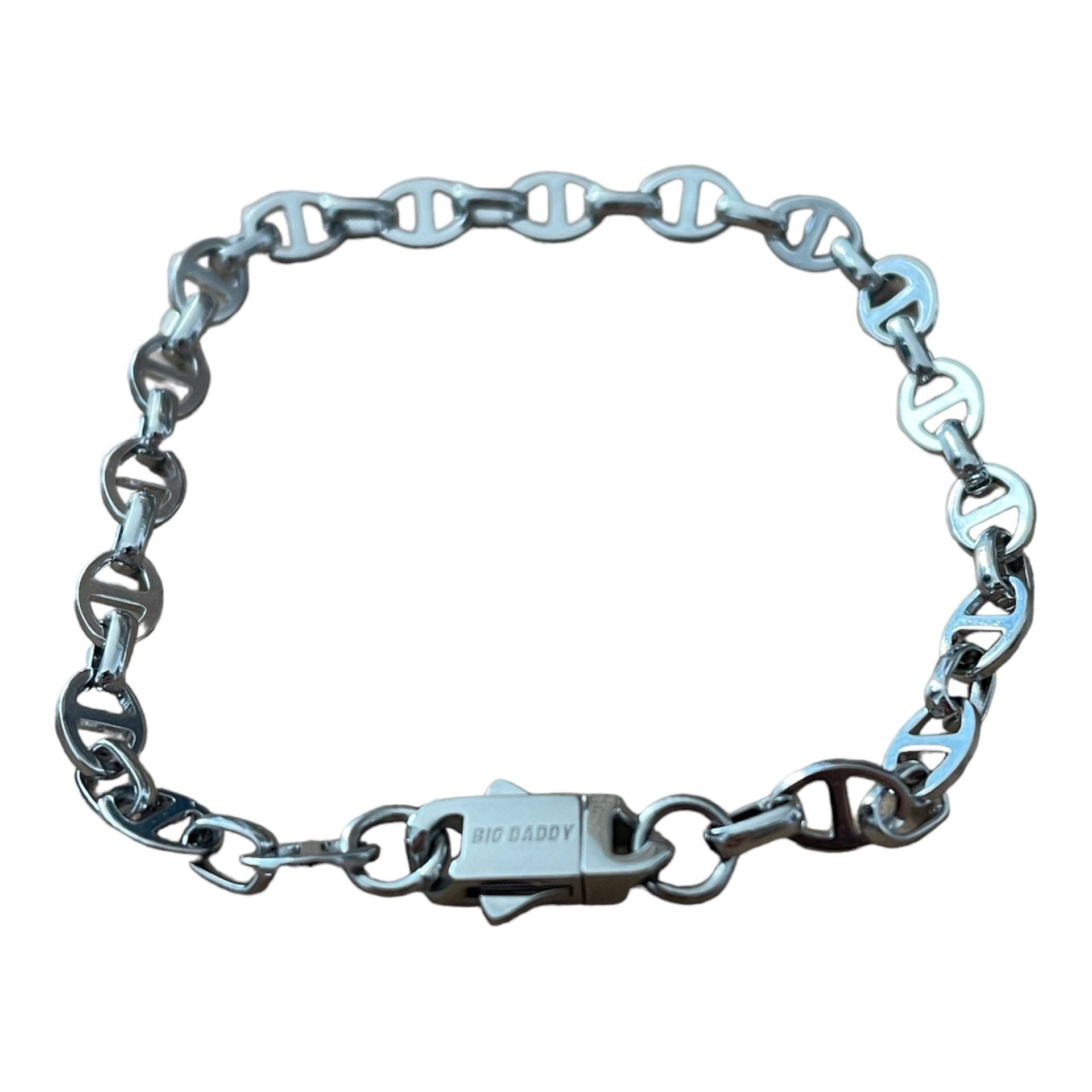 Big Daddy 8MM silver steel mariner link bracelet displayed flat showing full chain design with clasp