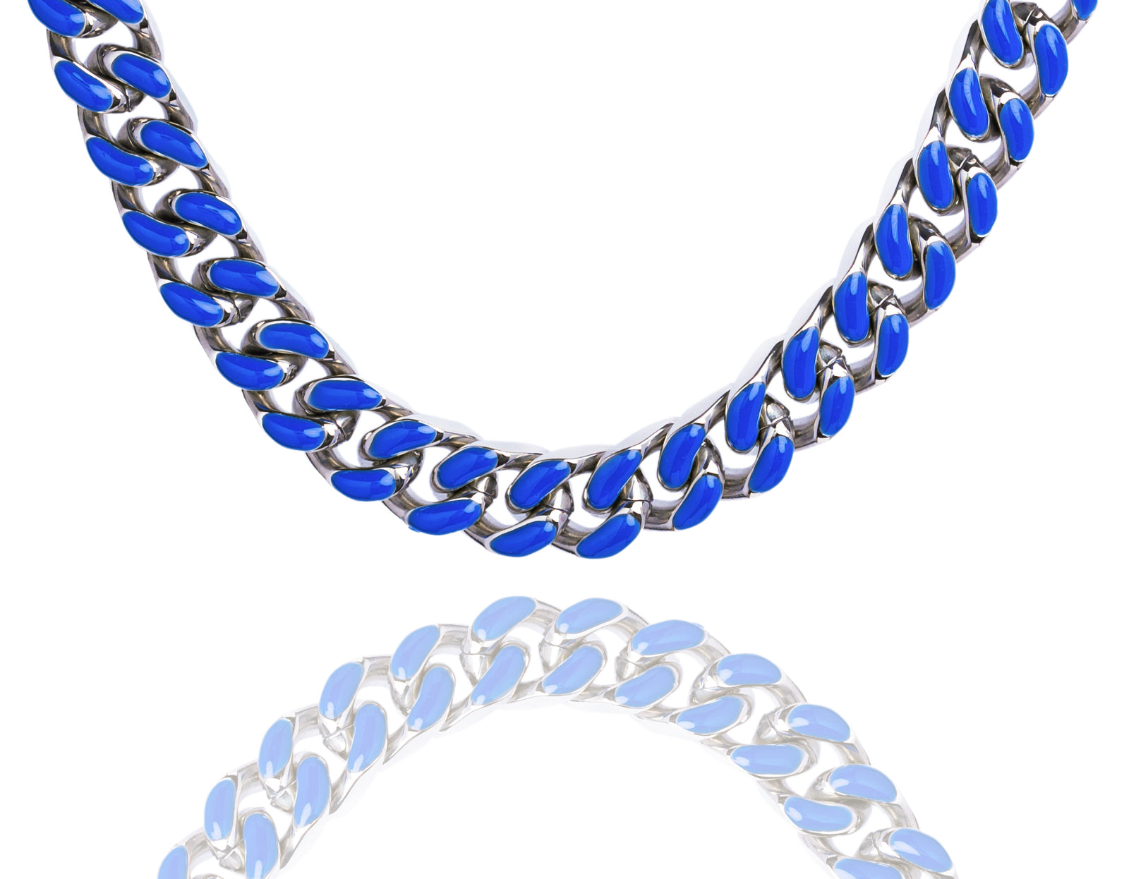Big Daddy 9MM Cuban chain necklace with blue enamel and steel links displayed on white background
