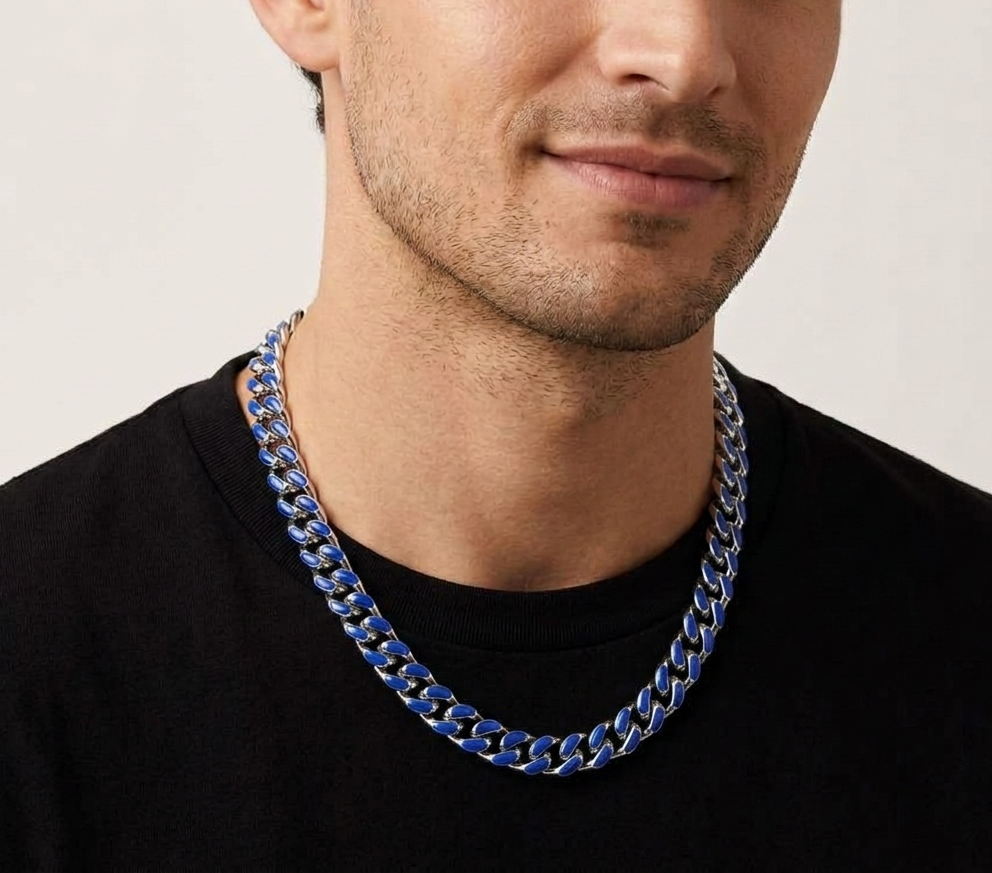 Big Daddy 9MM Enamel Blue Steel Cuban Chain