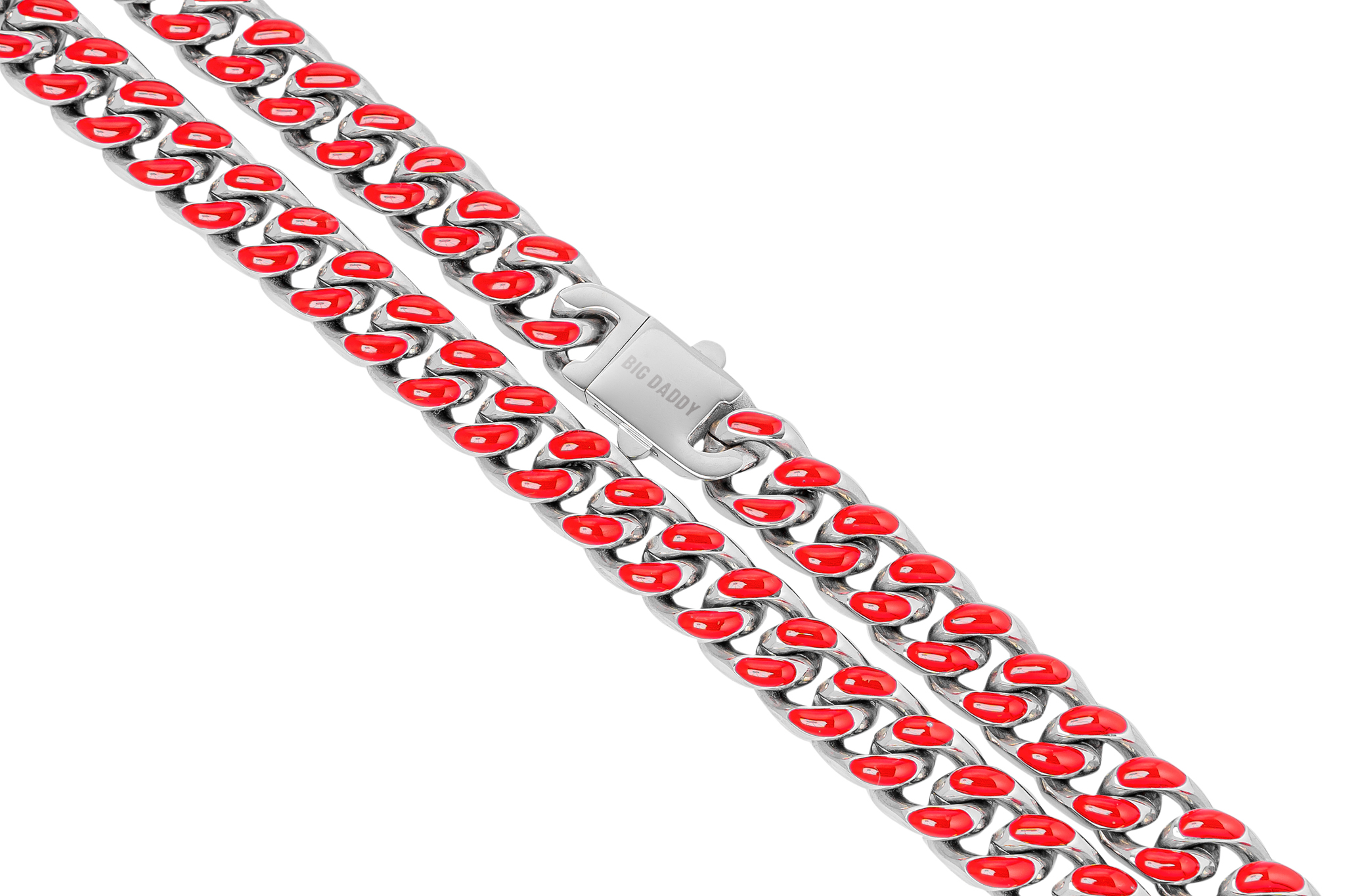 9MM red Cuban chain with steel links and clasp closure detail