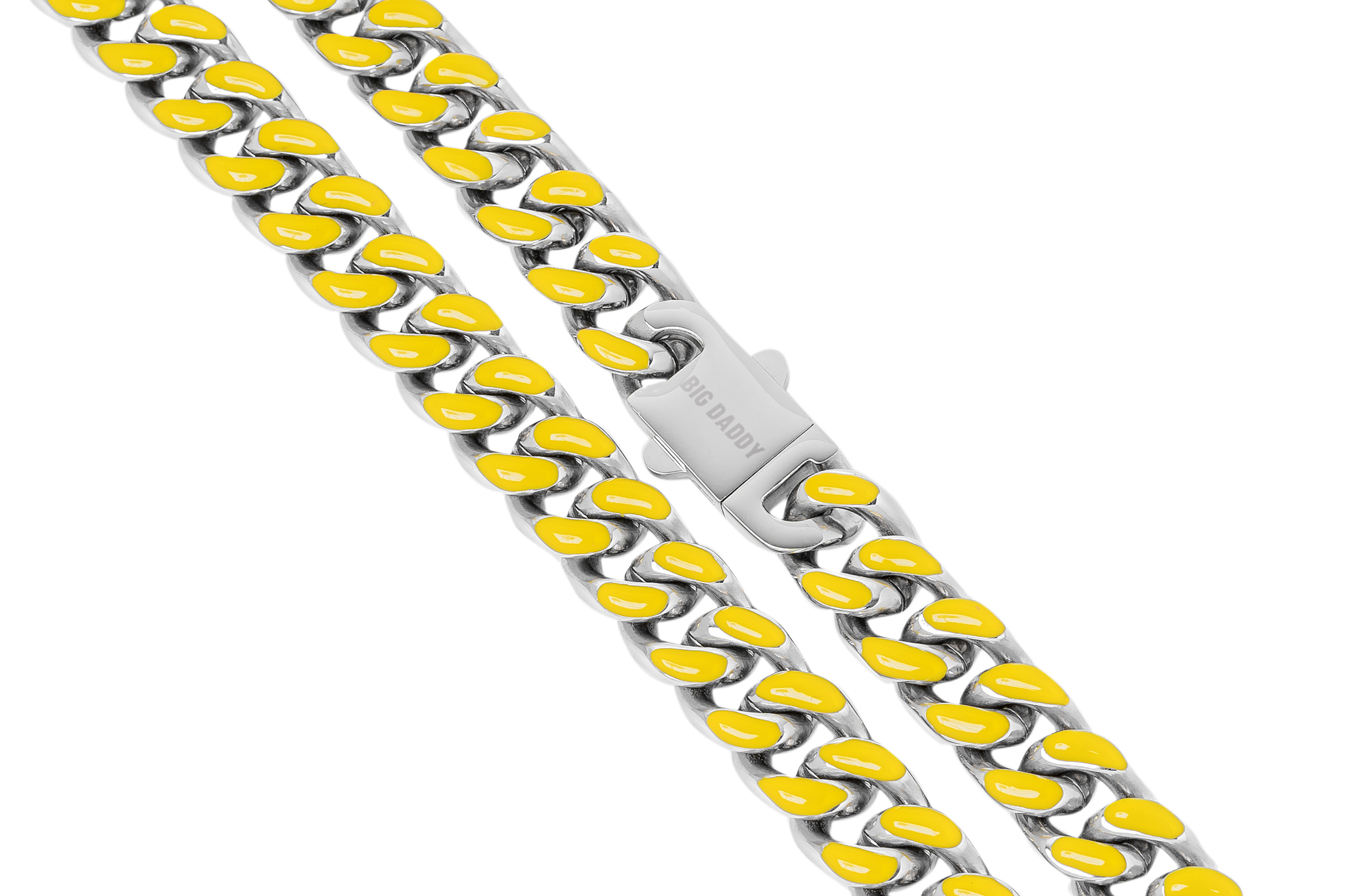 9MM yellow enamel and steel Cuban chain showing clasp and full length