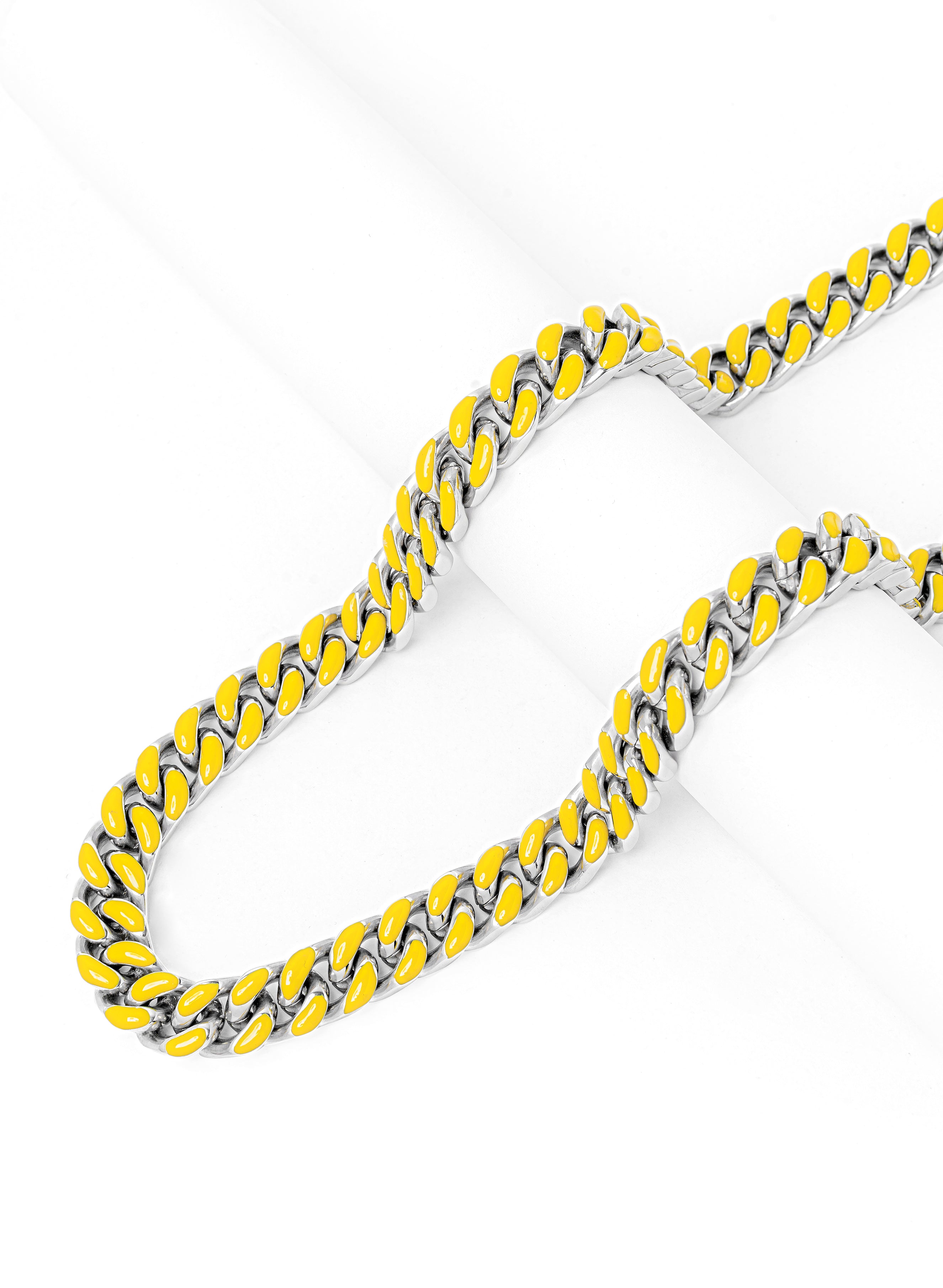 9MM yellow enamel and steel Cuban chain necklace in coil formation