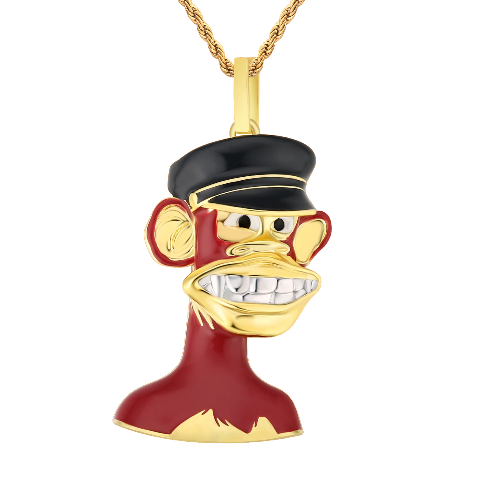 Big Daddy Bored Ape NFT pendant #6 with gold chain, red and gold enamel design with top hat