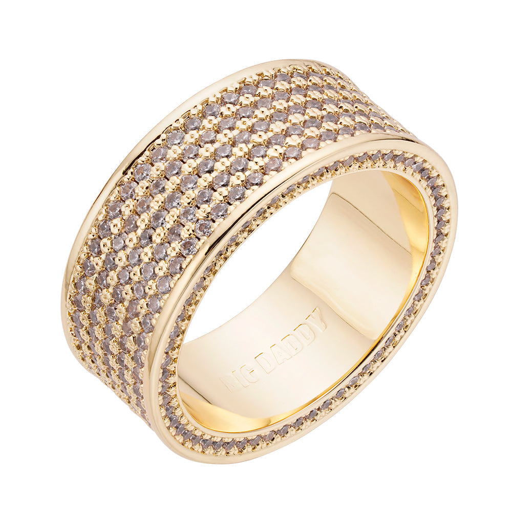 Gold-plated diamond iced out ring with pave cubic zirconia stones