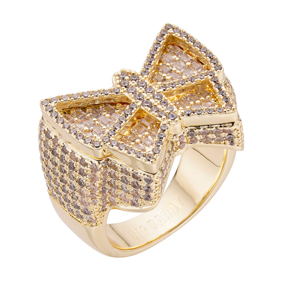 Gold butterfly iced out diamond ring with pavé settings on all sides