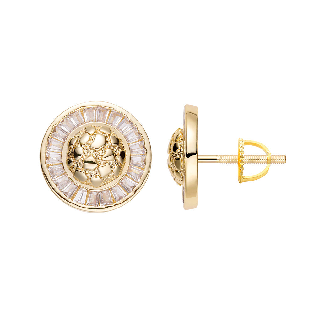 Gold cluster baguette iced out diamond earring with circular halo setting, front and side view