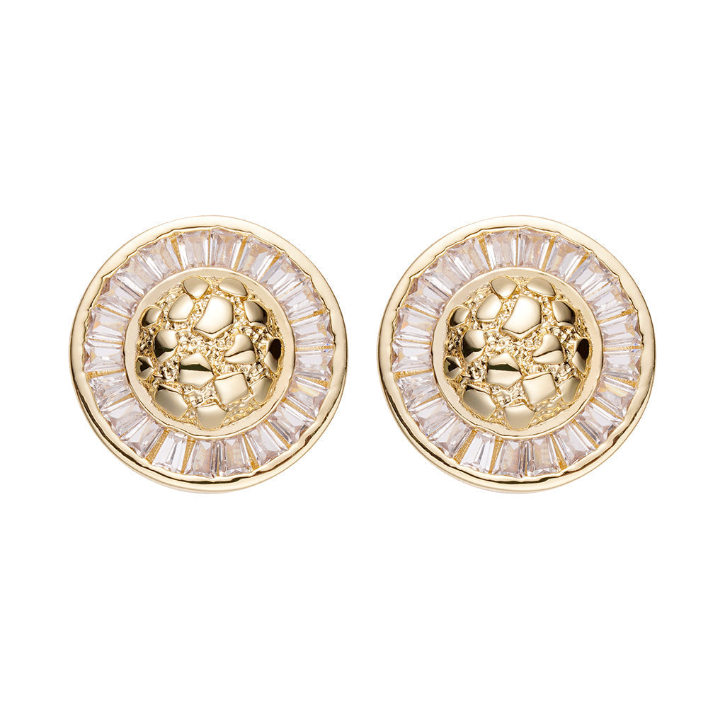Pair of gold cluster baguette iced out diamond earrings with circular halo settings